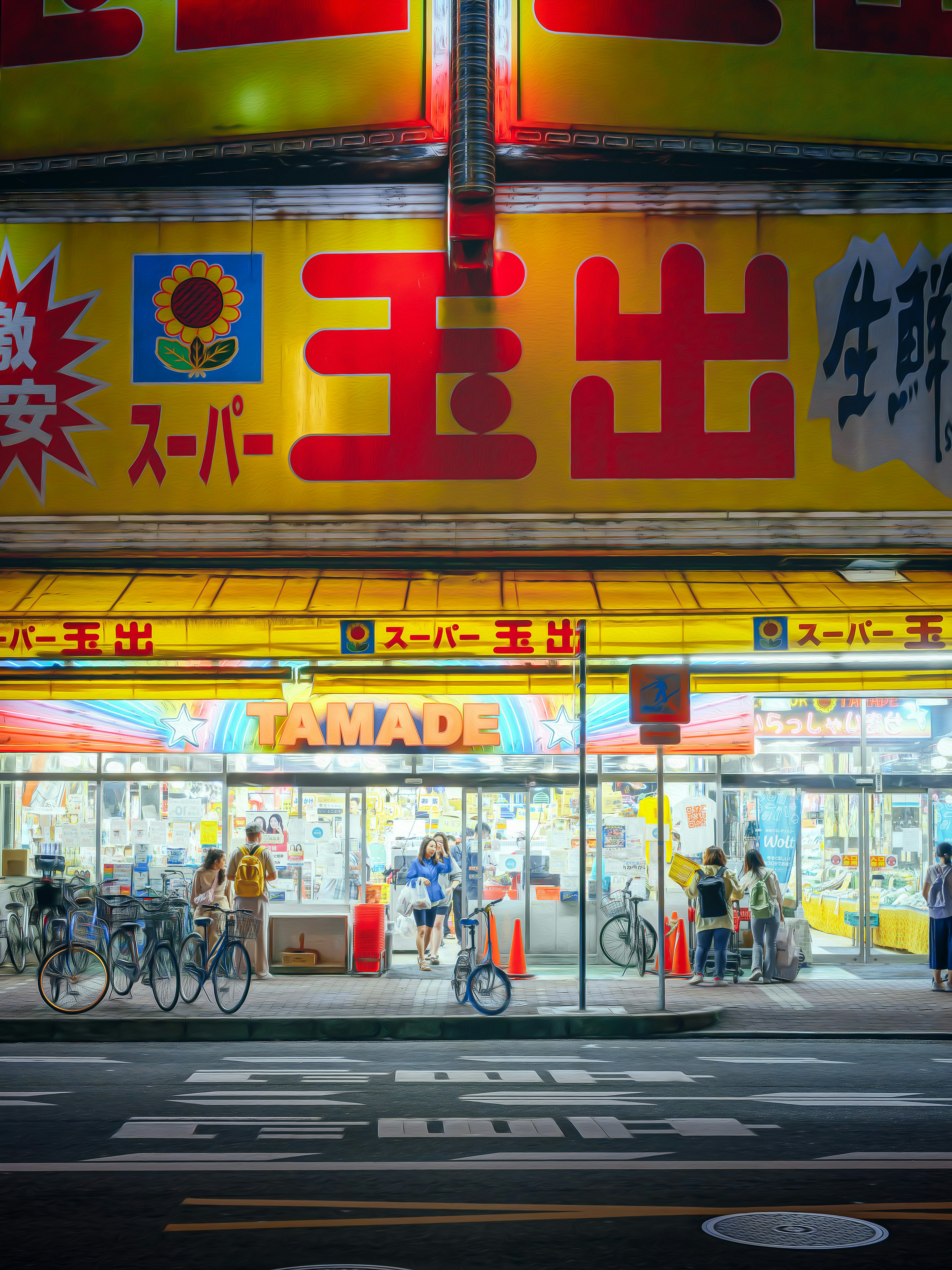 Facciata di supermercato illuminata con insegna prominente e biciclette