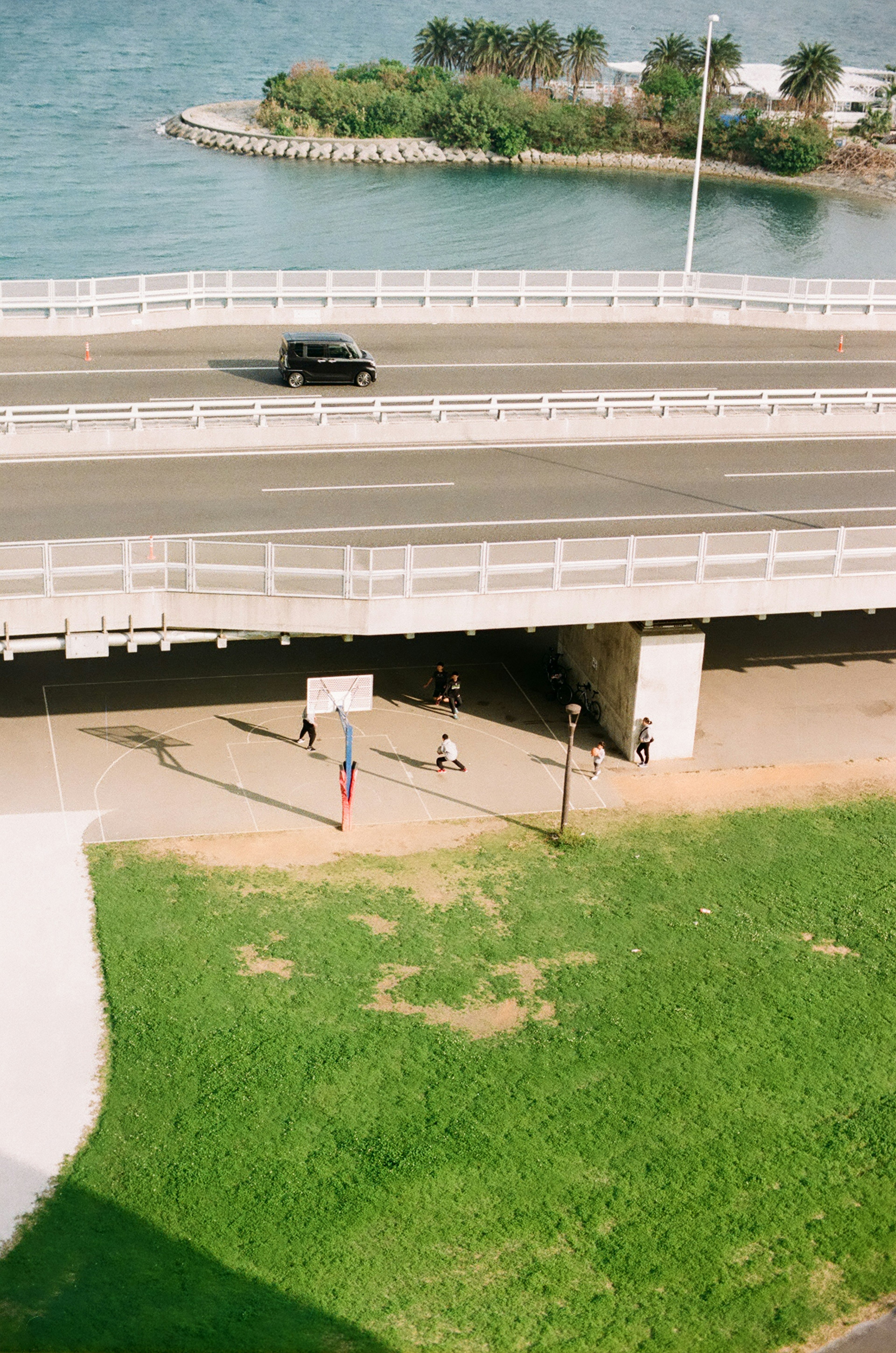 道路と草地の風景 海と並んでいる