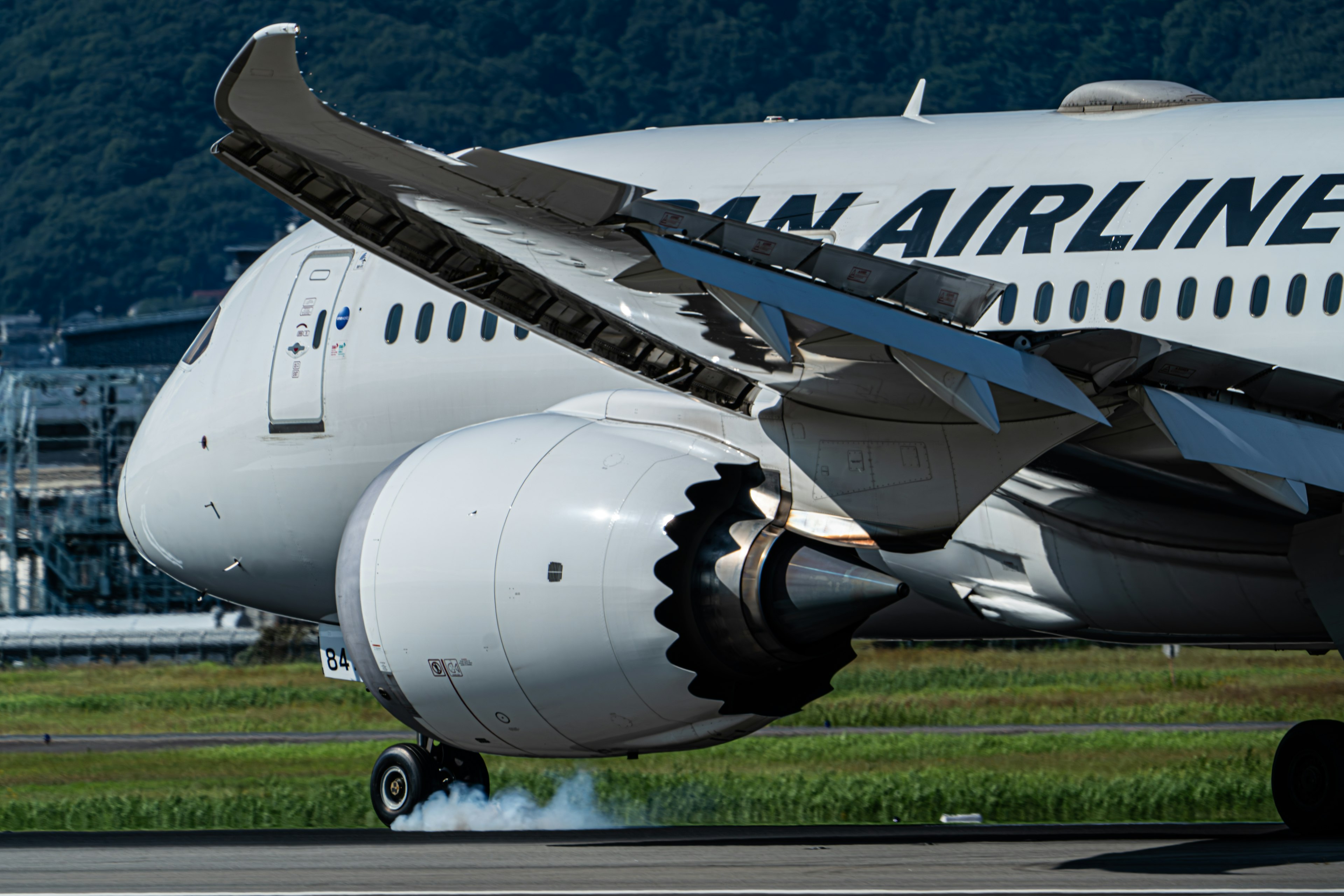 Japan Airlines Boeing 787 hebt ab mit Rauch aus dem Triebwerk