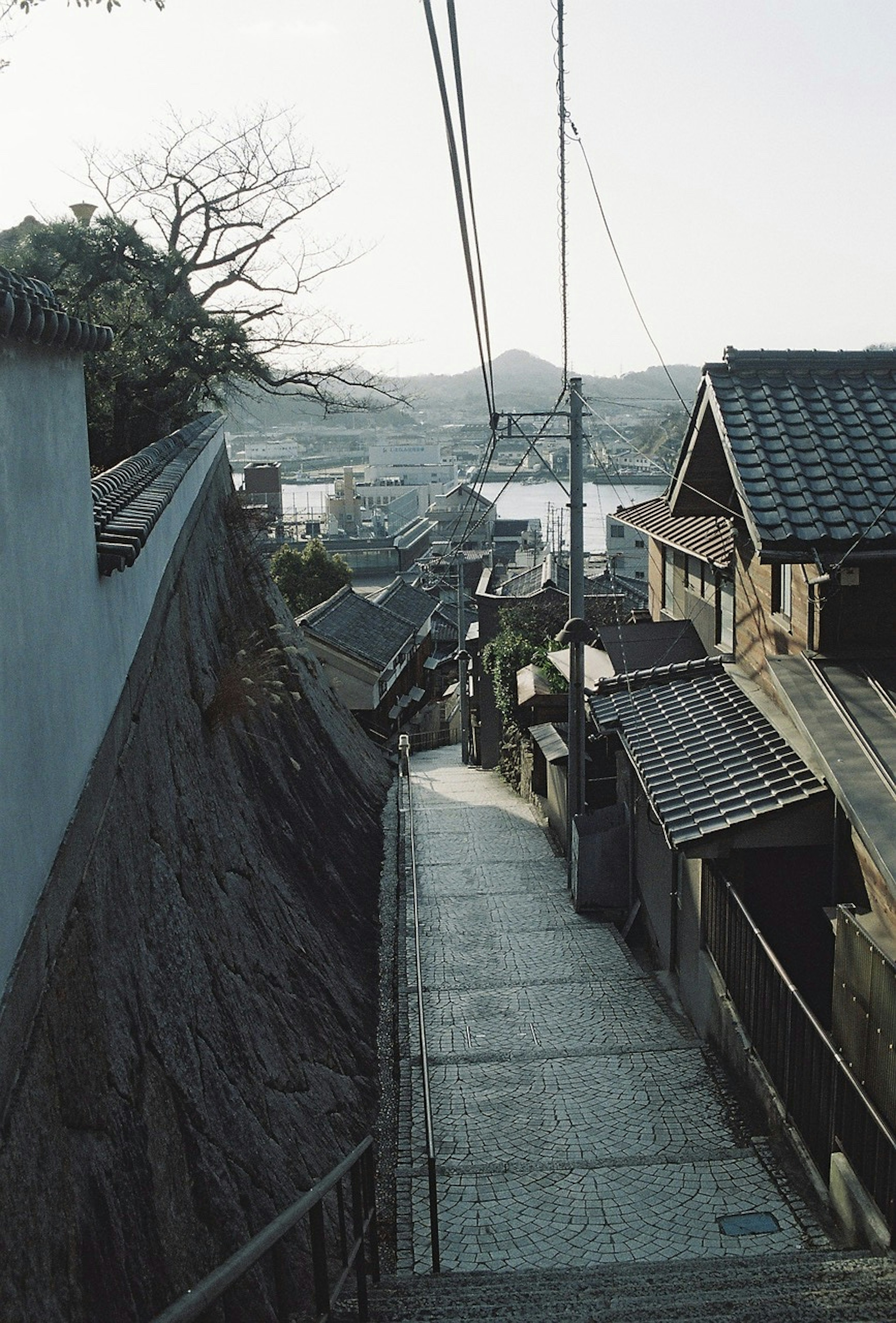 山の間を下る石の道と古い家々の景色