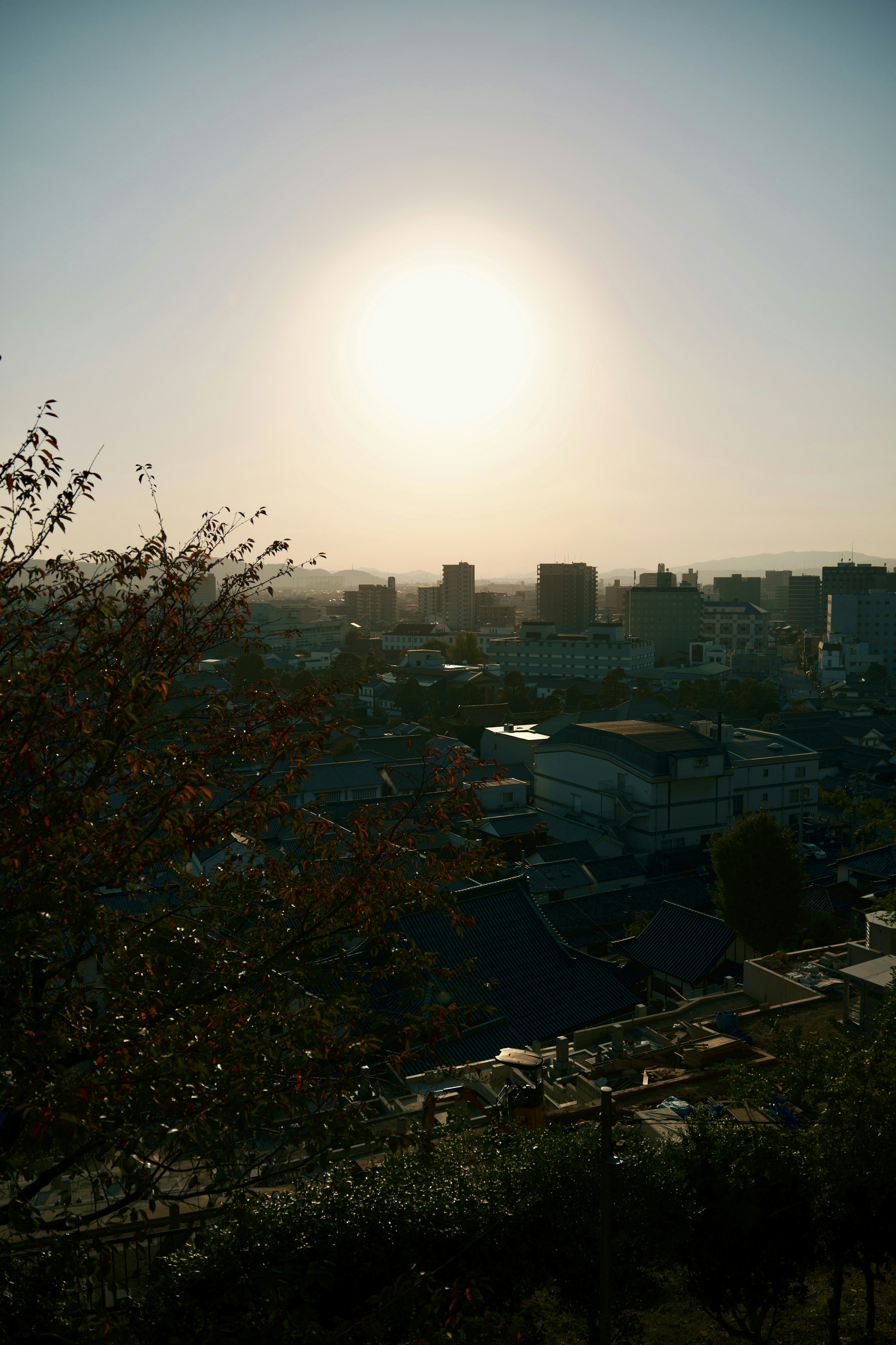 Paesaggio urbano al tramonto con silhouette di edifici