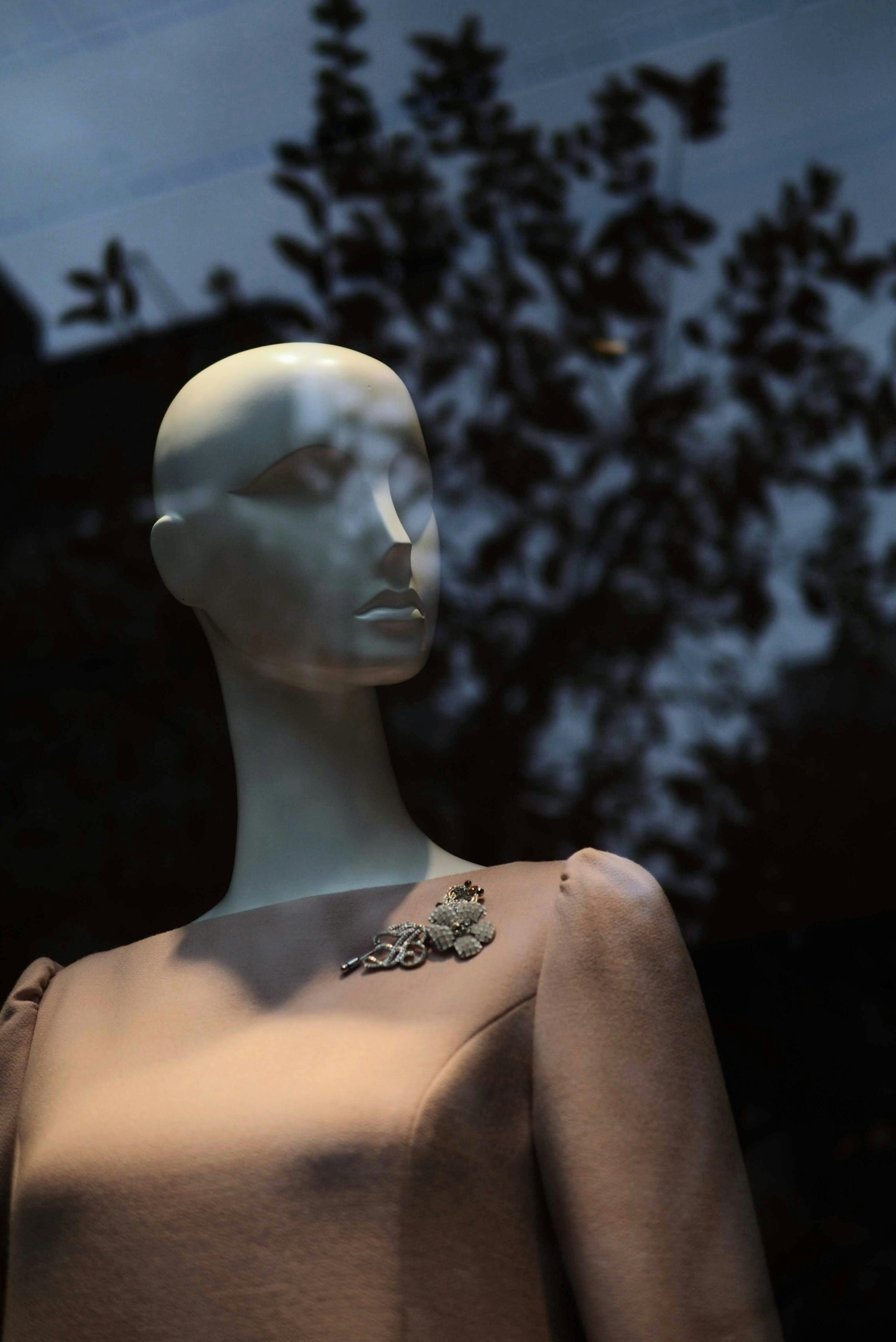 Mannequin exposé dans une vitrine montrant des traits de visage et des détails de robe