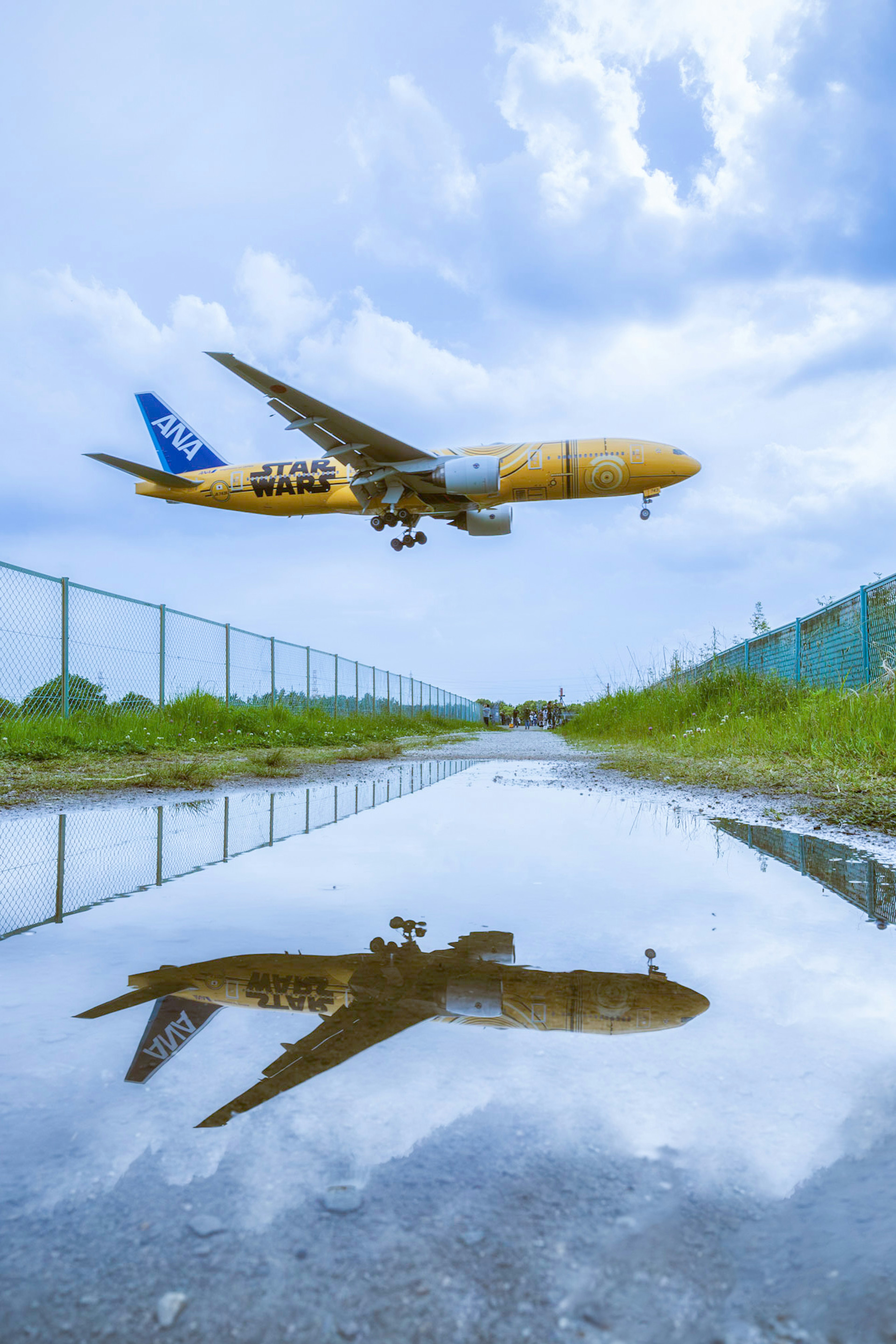 Airplane flying above a puddle reflecting its image and blue sky