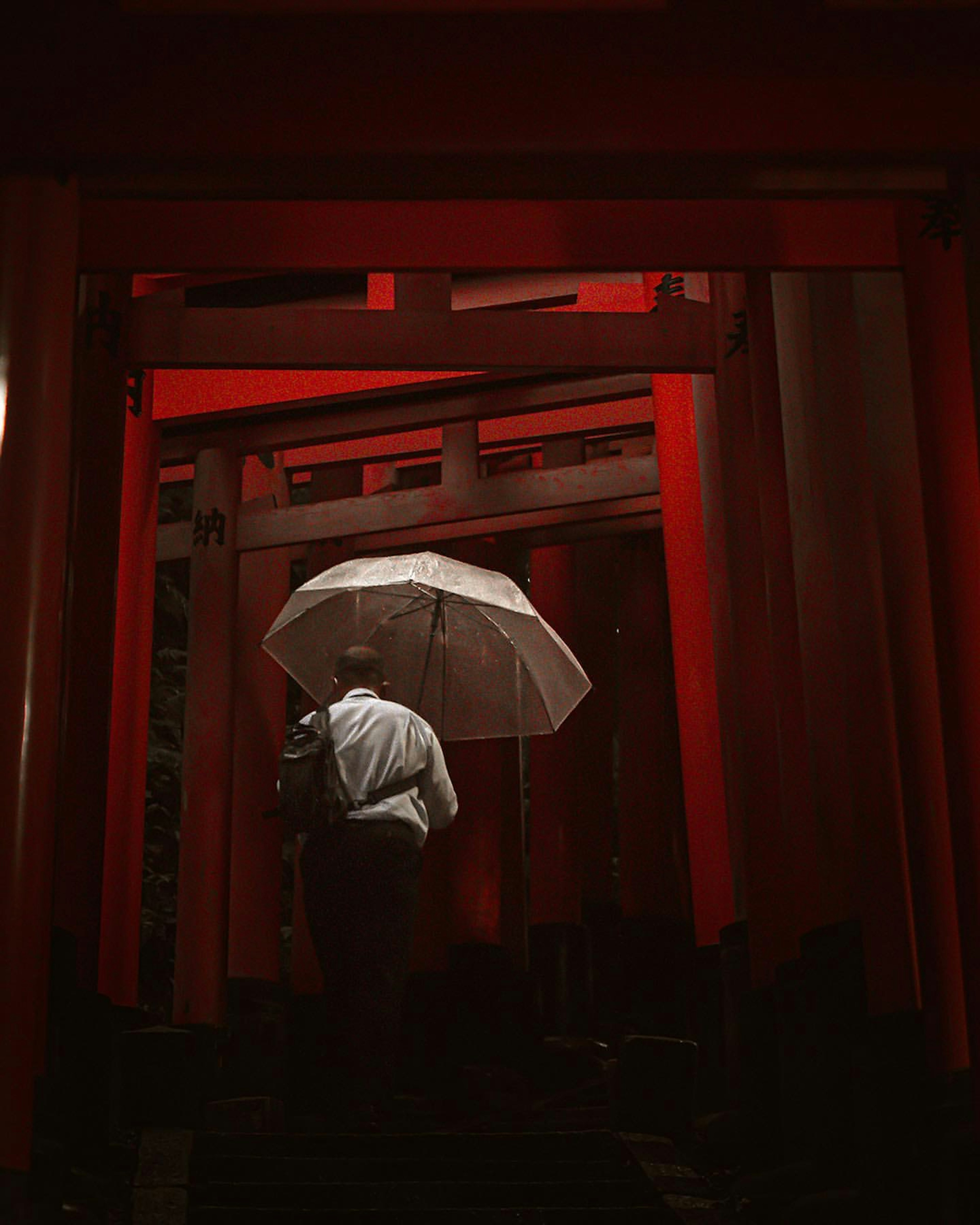 赤い鳥居の下で傘を持つ人物の後ろ姿