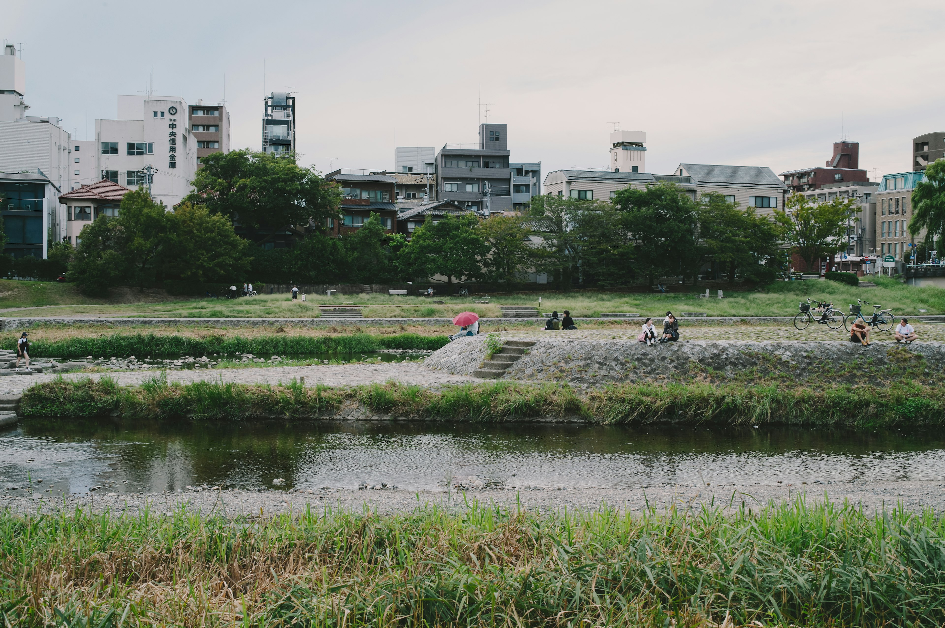 Städtische Landschaft mit einem Fluss und einem grünen Park