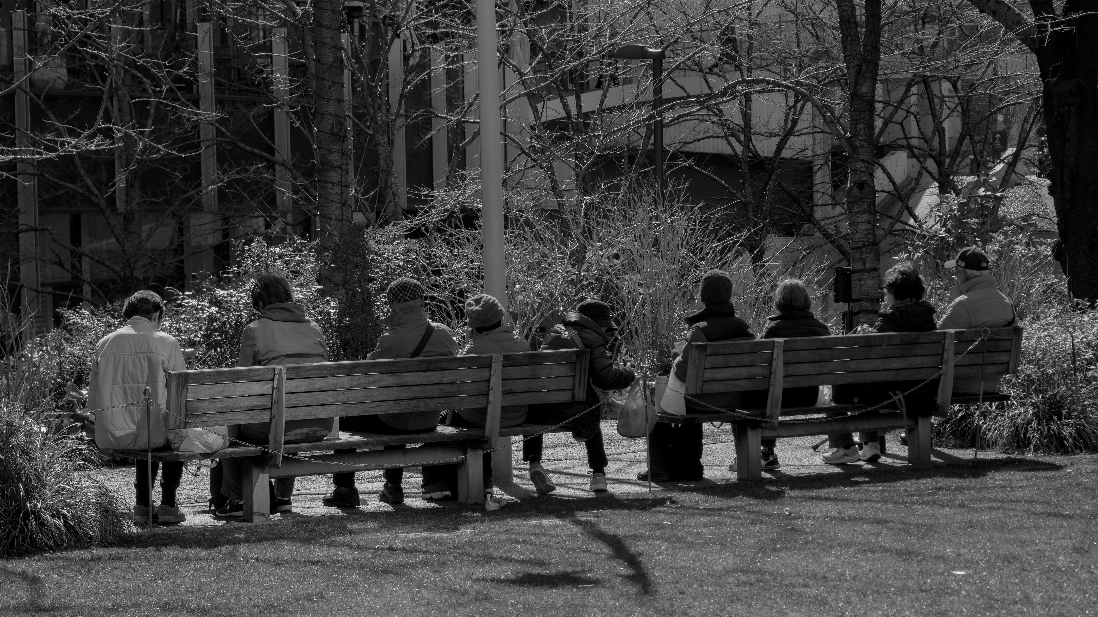 Schwarzweißfoto von Menschen, die auf einer Bank in einem Park sitzen