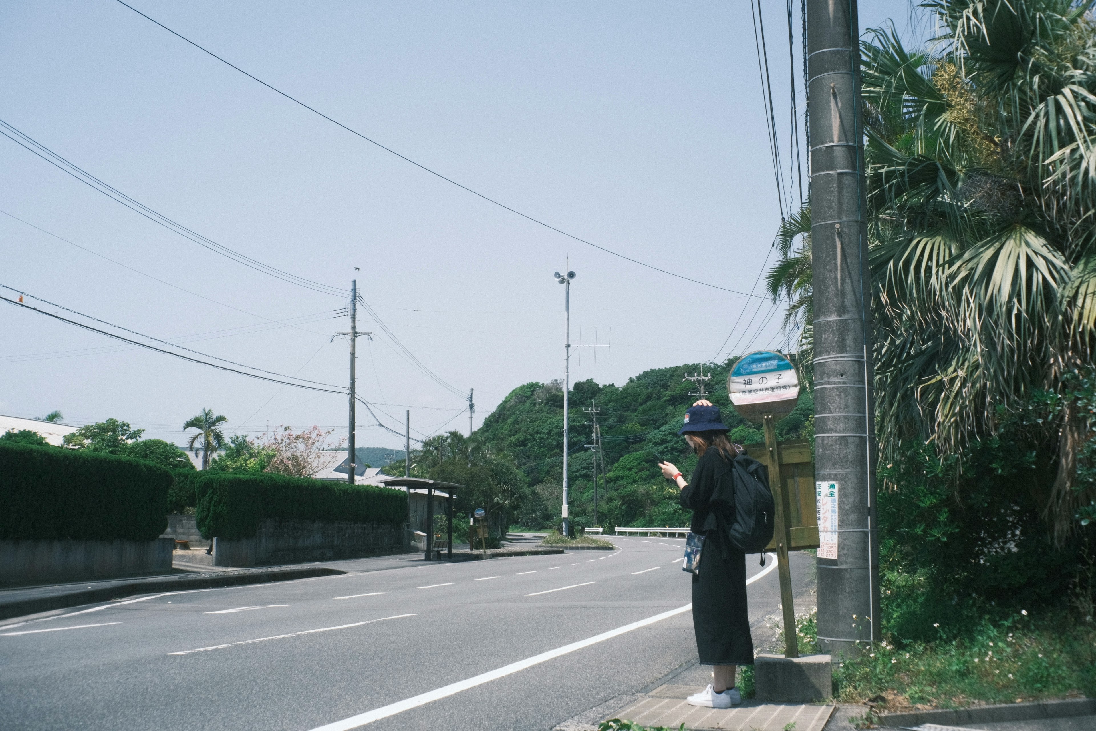 道路脇のバス停で待っている人物 緑の木々と電柱がある風景