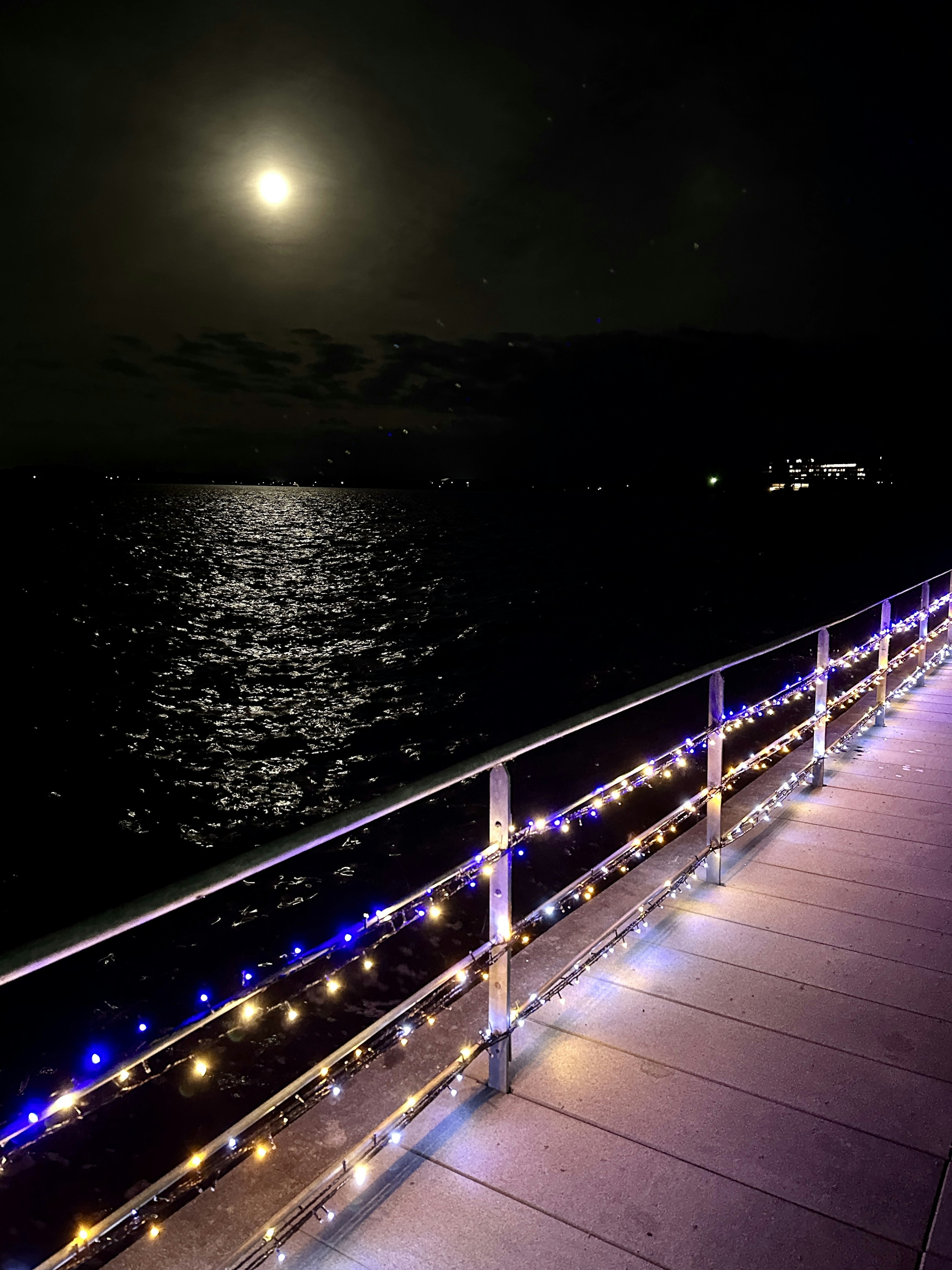 Vista nocturna de un muelle con luces decorativas y una luna brillante sobre el mar