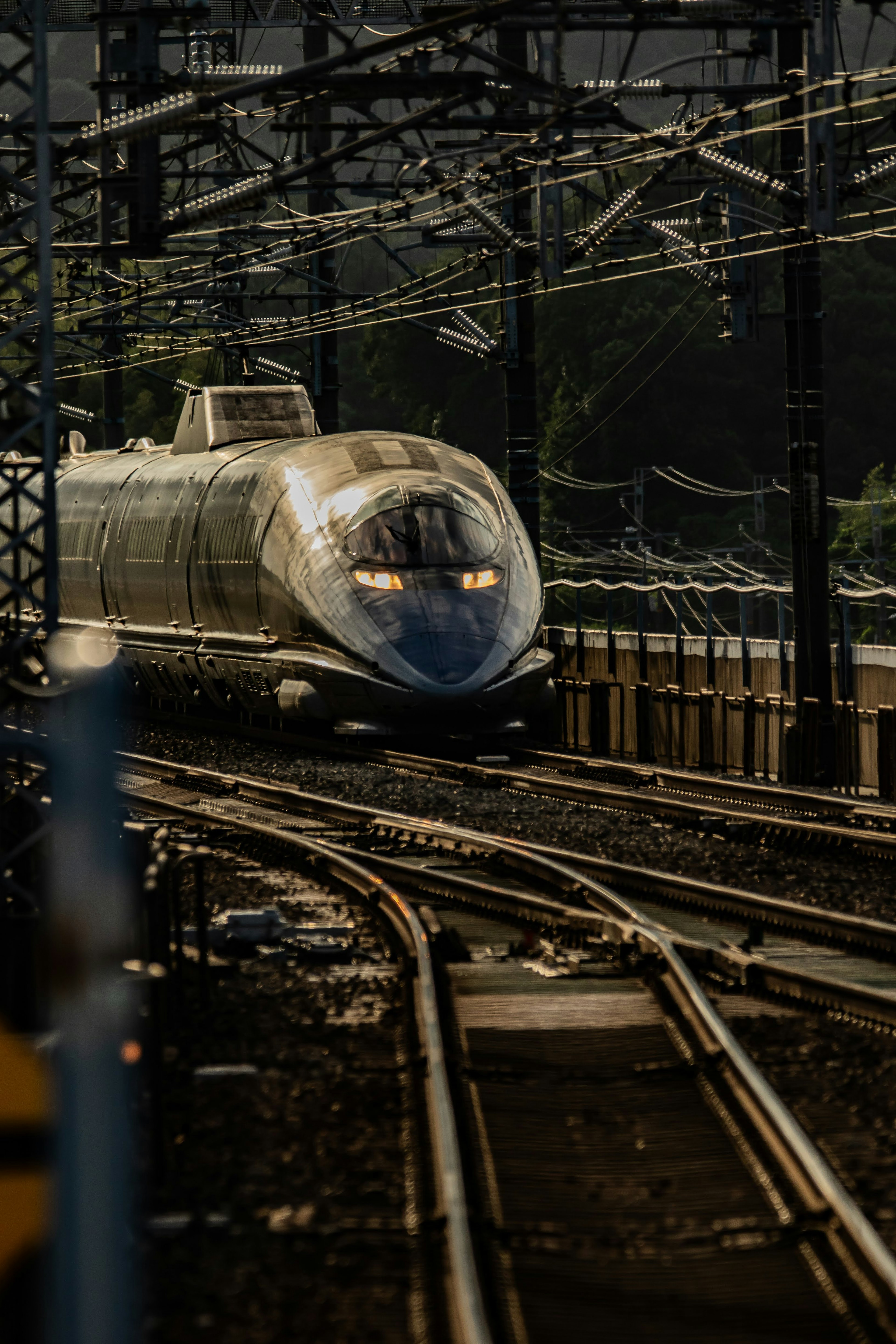 Shinkansen train navigating through tracks