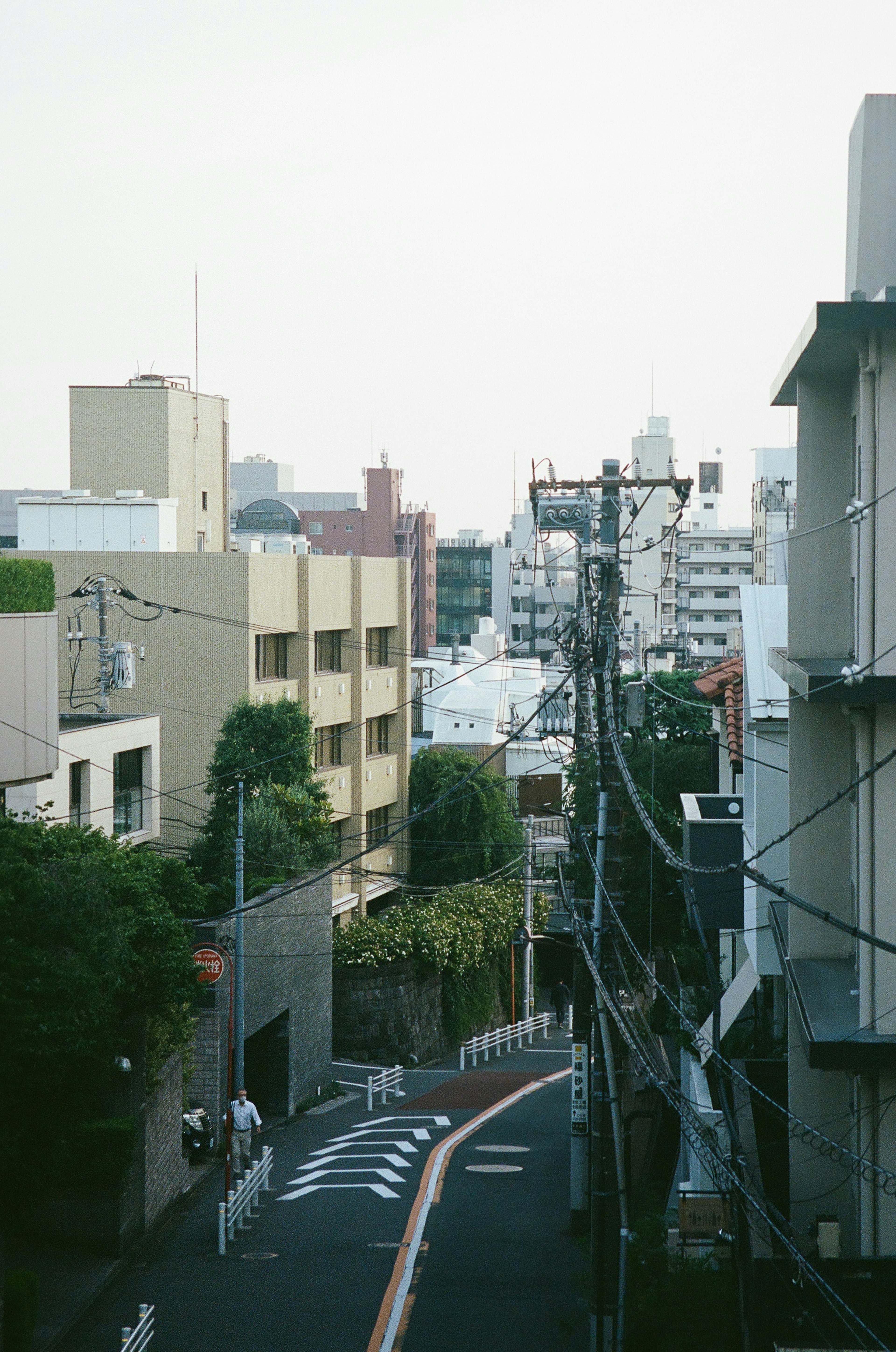 Camino curvado con edificios bajos y el horizonte de Tokio al fondo