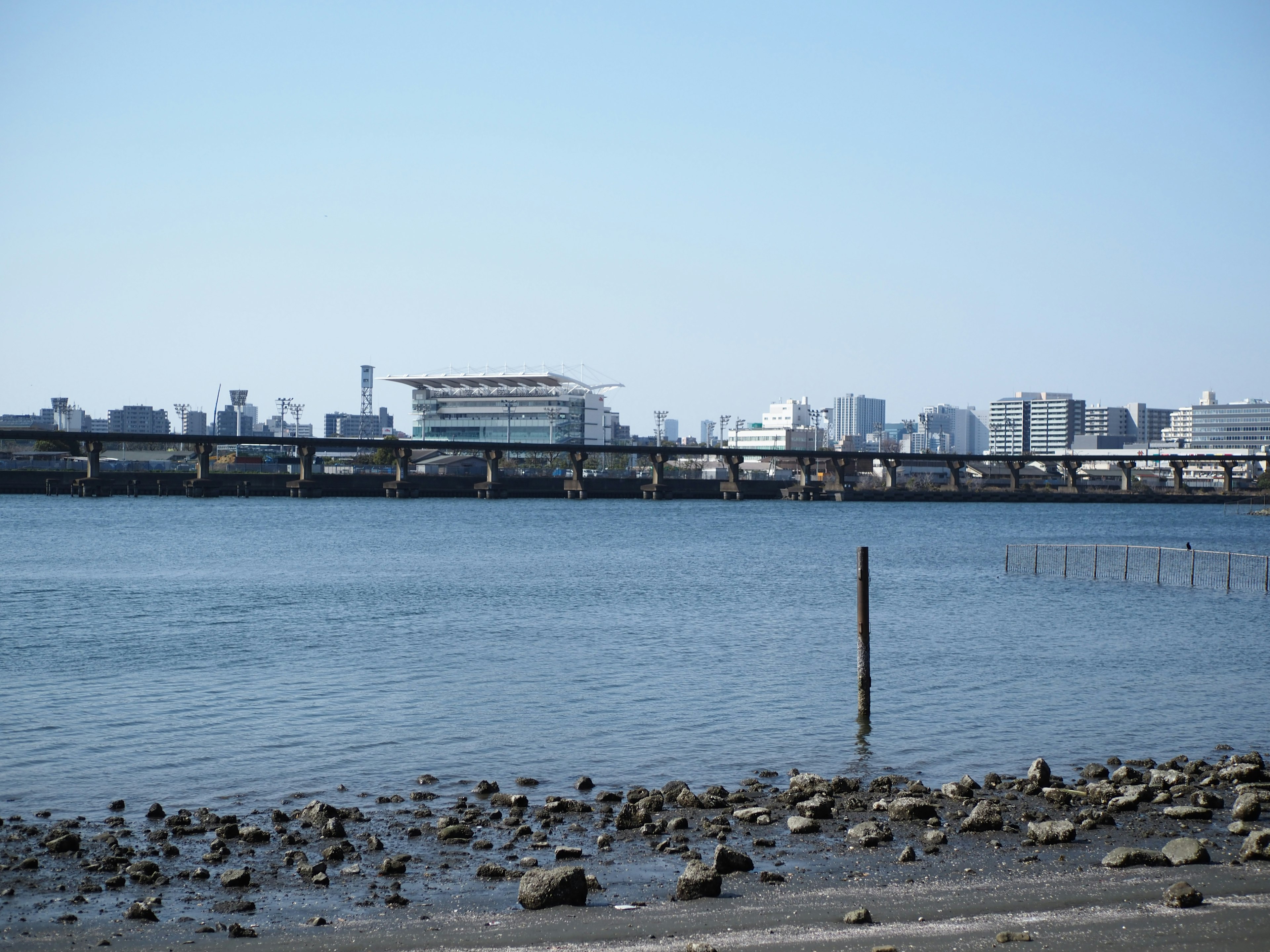 Calm water surface with a skyline featuring buildings and a bridge