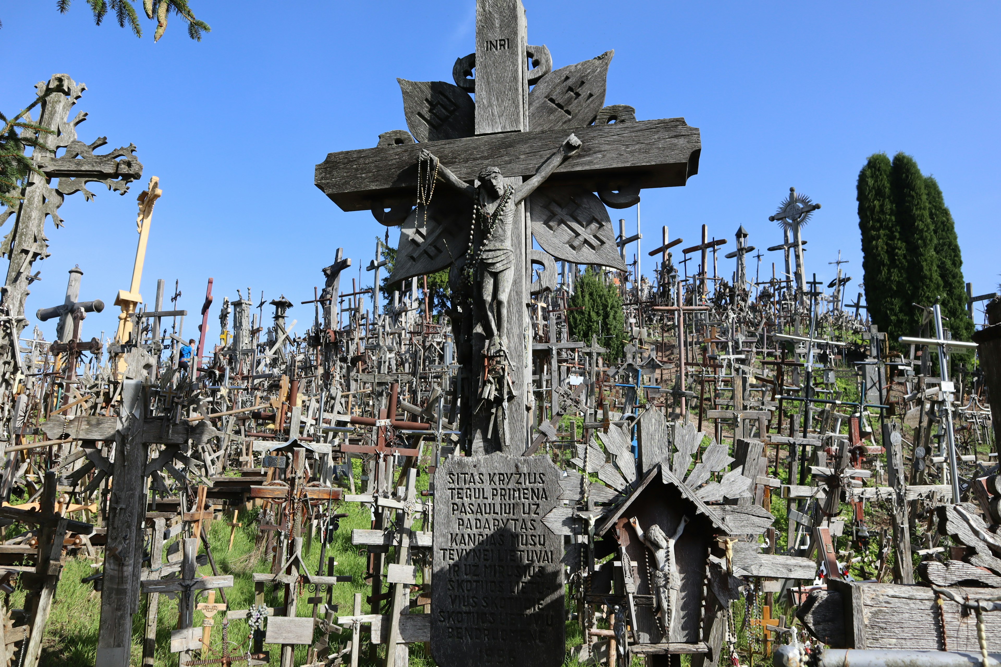 Landscape with numerous crosses on a hillside