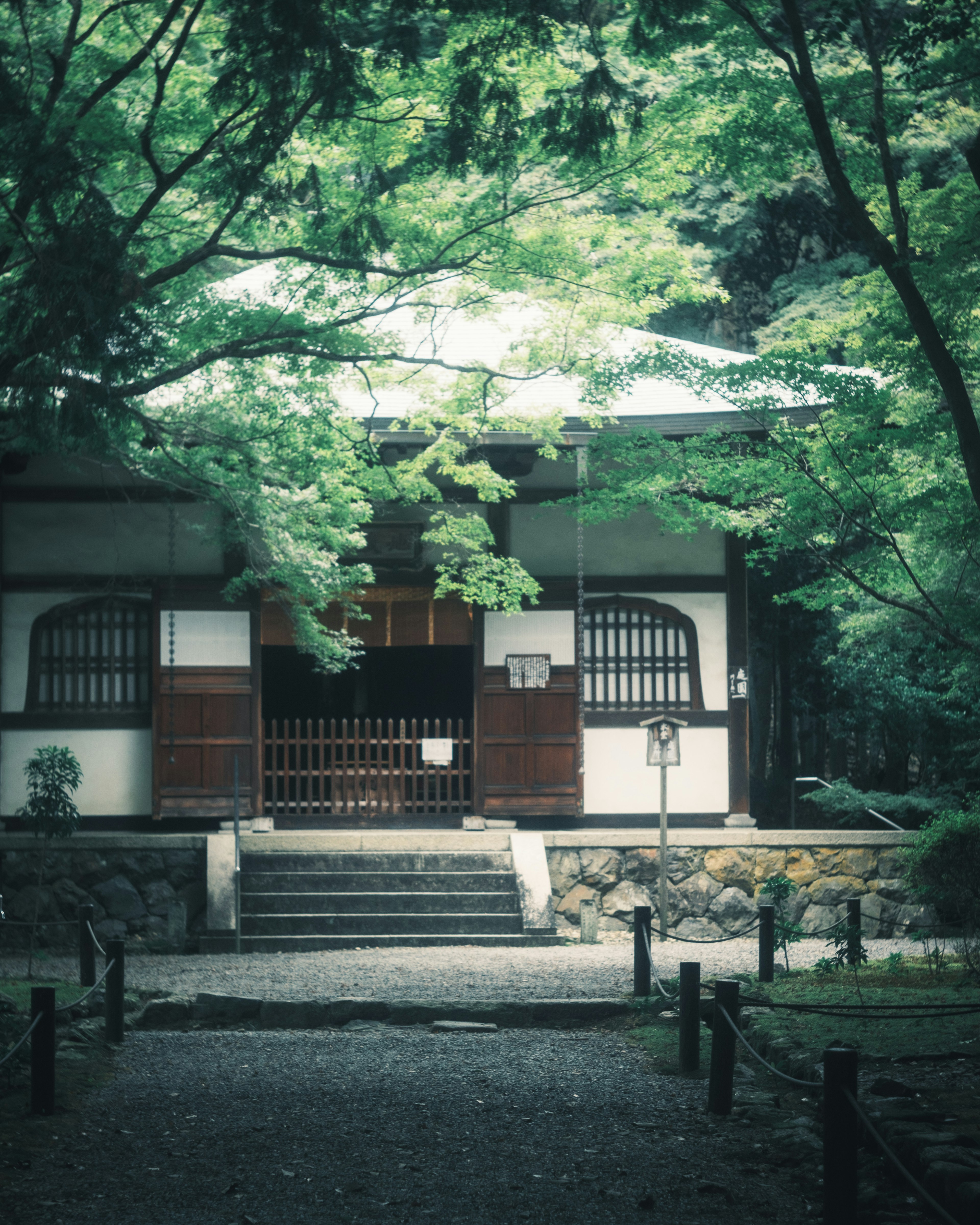 Traditionelles japanisches Gebäude in einem ruhigen Wald umgeben von üppigen grünen Bäumen