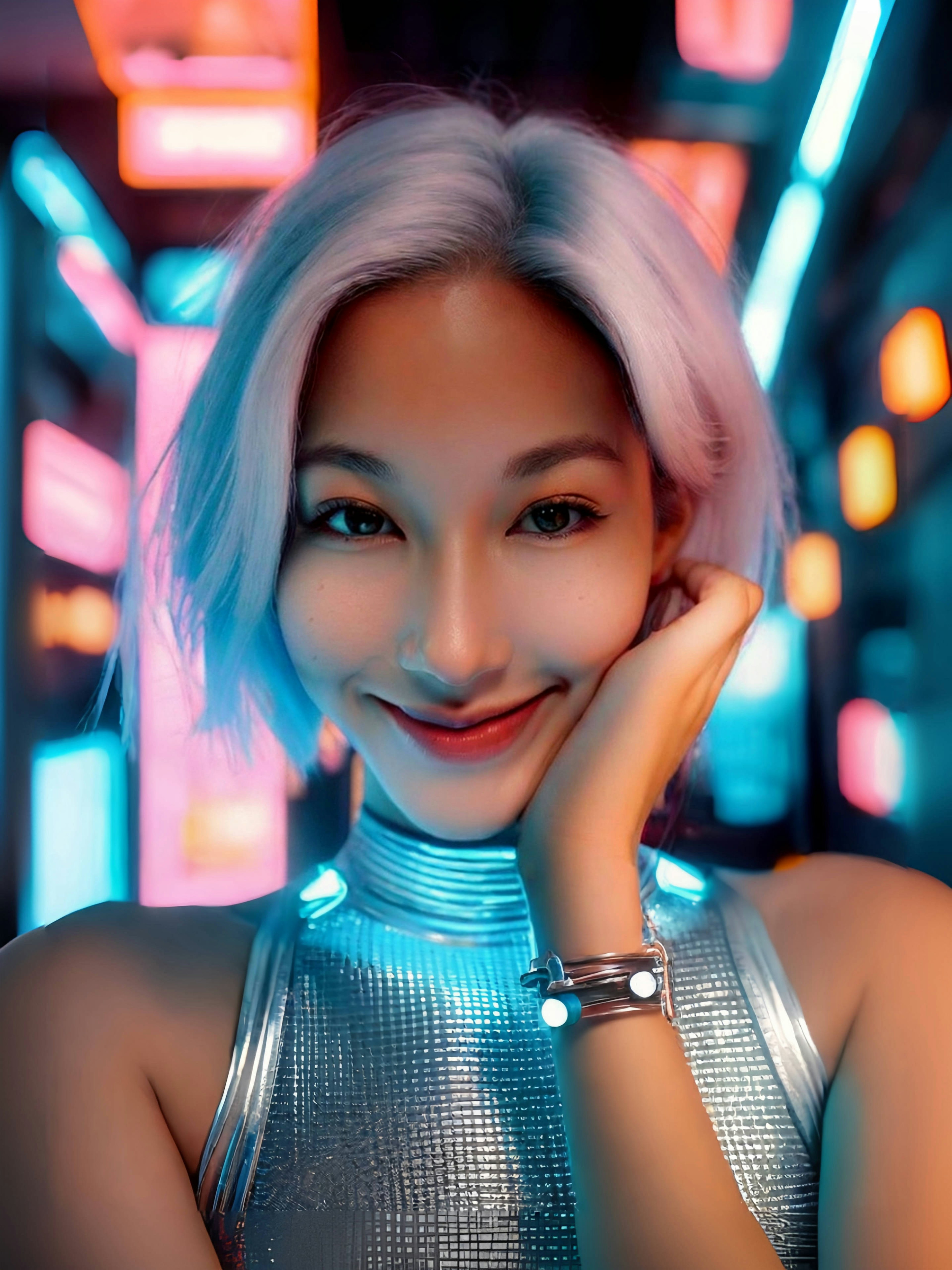 A smiling woman with bright hair in a glowing background