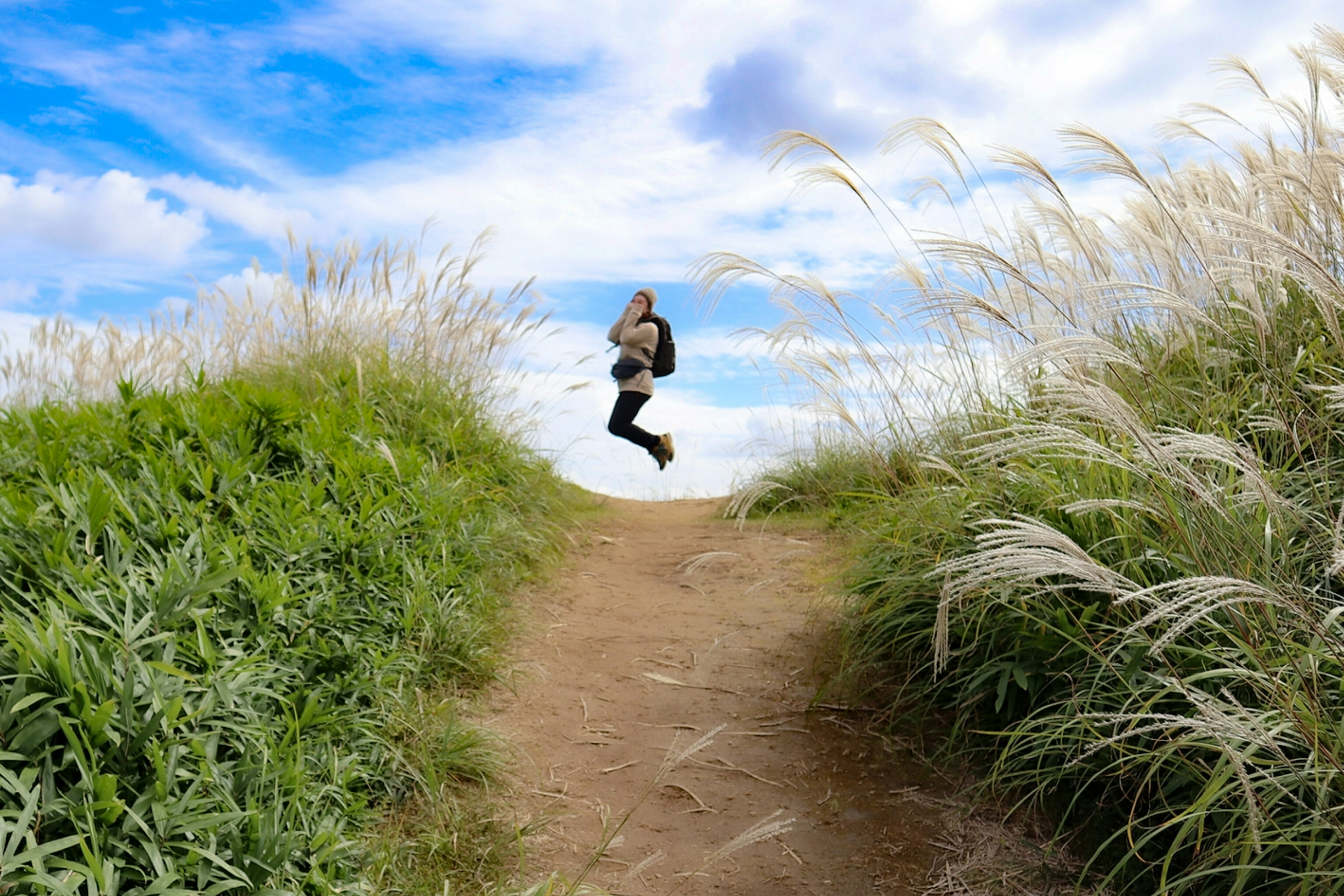 Personne sautant sur un chemin entouré d'herbe haute sous un ciel bleu