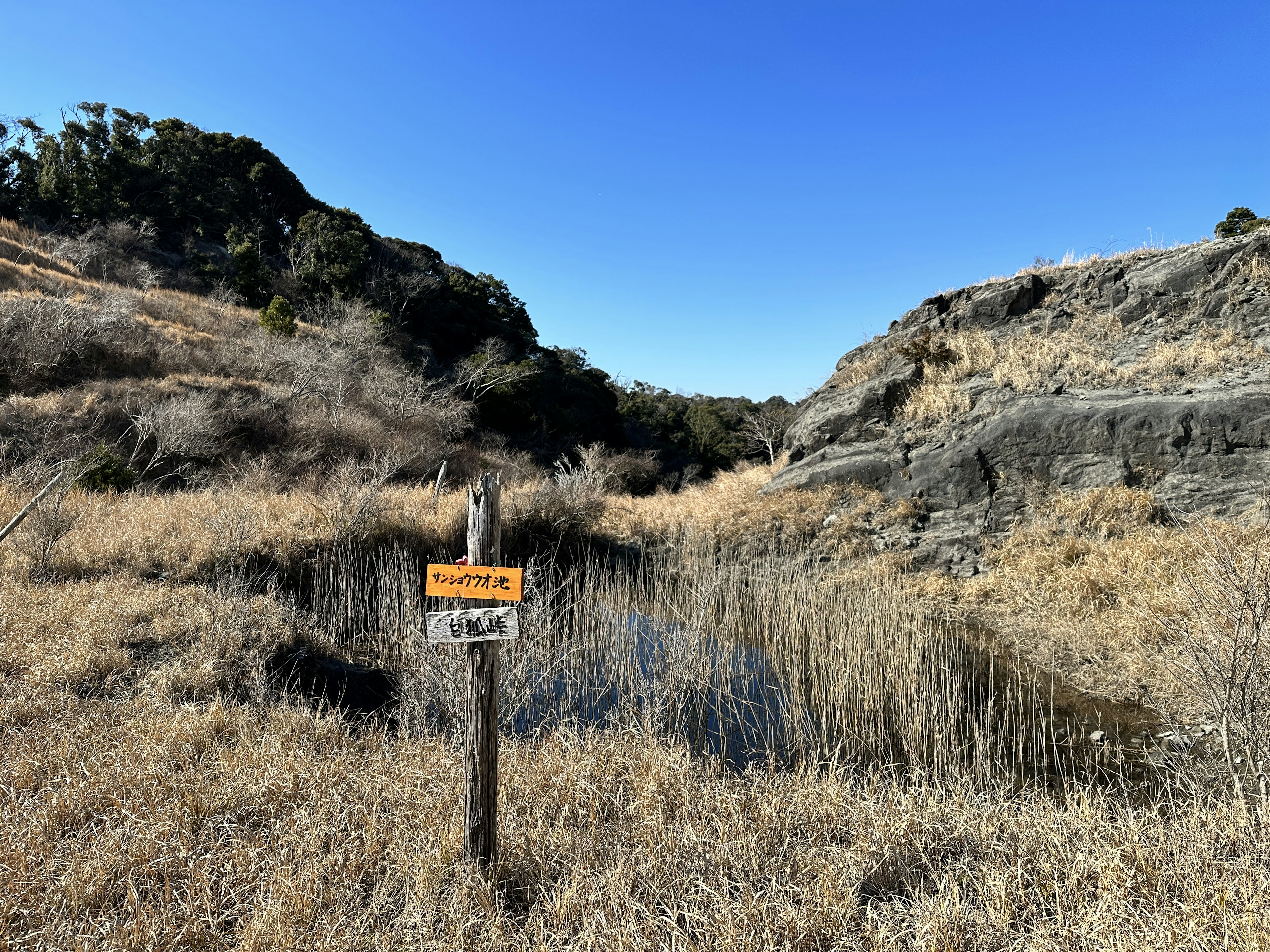 Sign in a dry grassland with blue sky