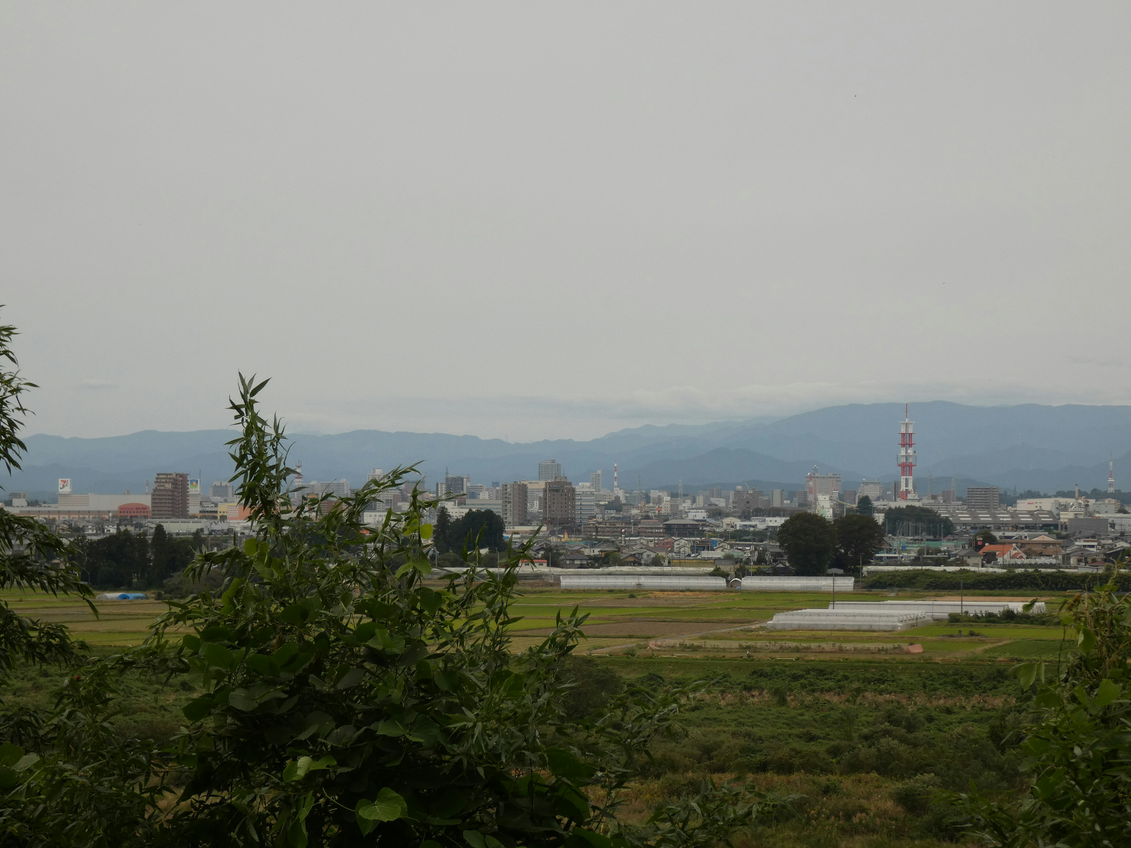 Cityscape on a cloudy day featuring distant mountains and a river with visible buildings