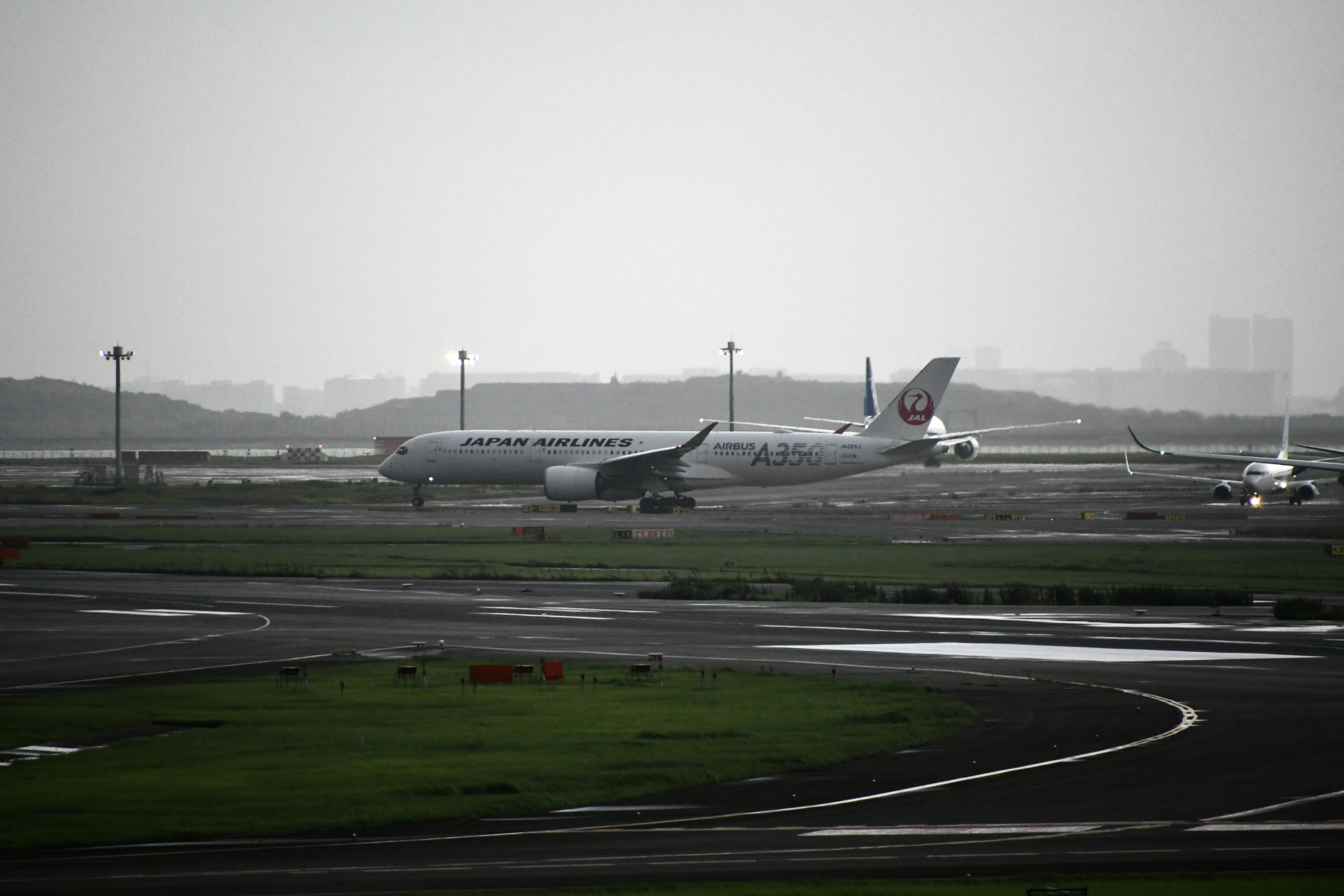 Airplane on the runway in foggy weather