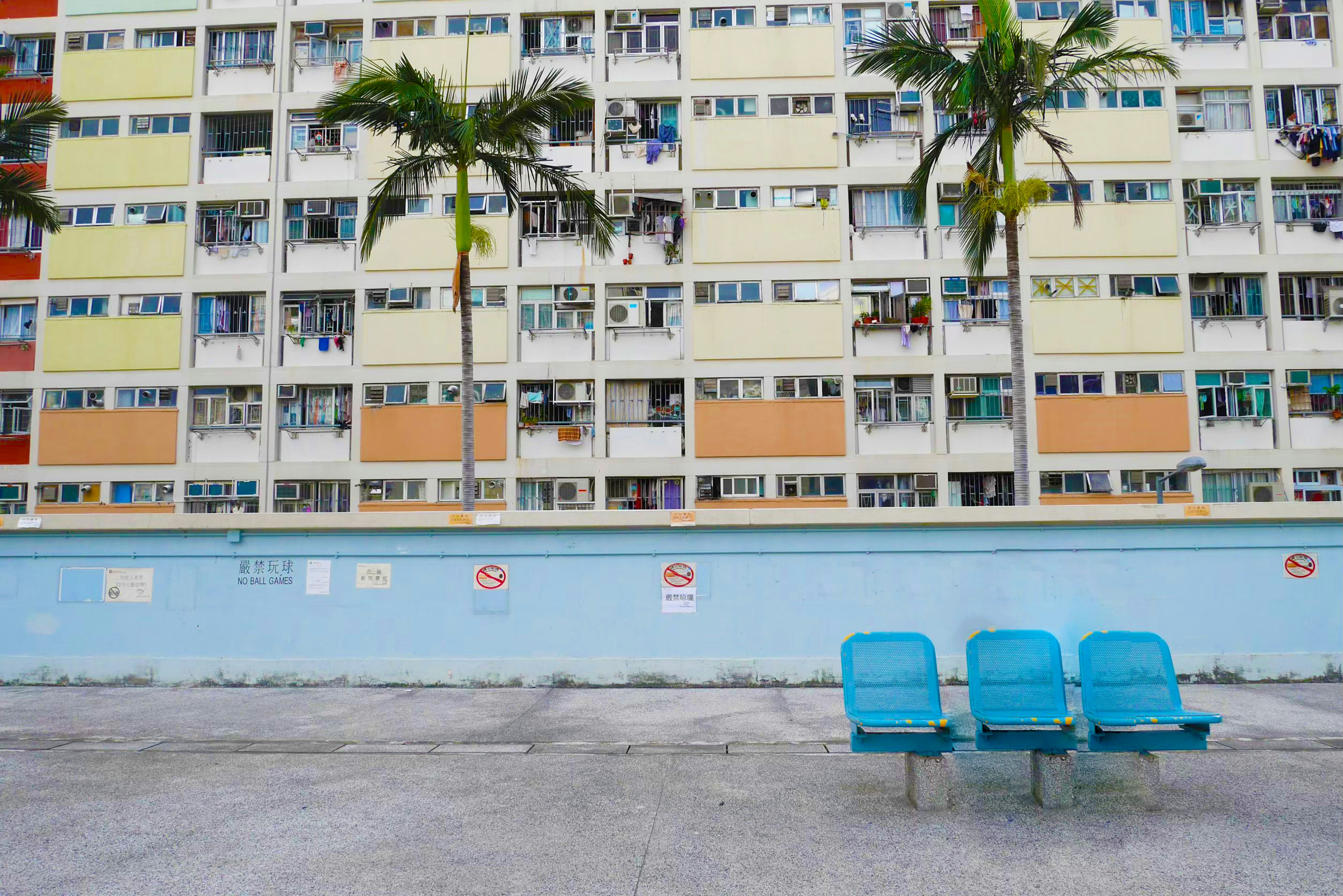 Edificio colorido con sillas azules y palmeras