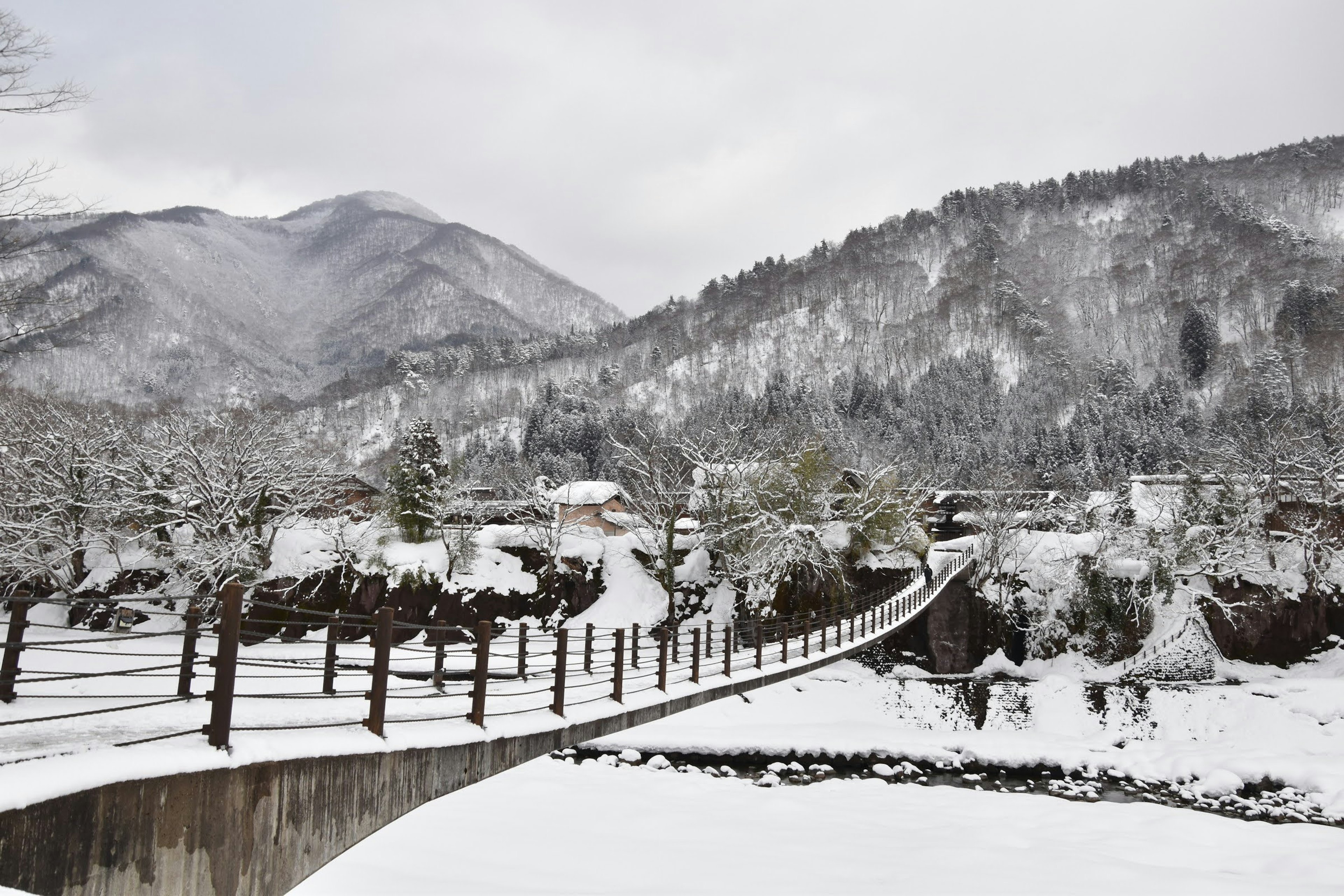 風景如畫的冬季景觀，雪覆蓋的山脈和一座橋