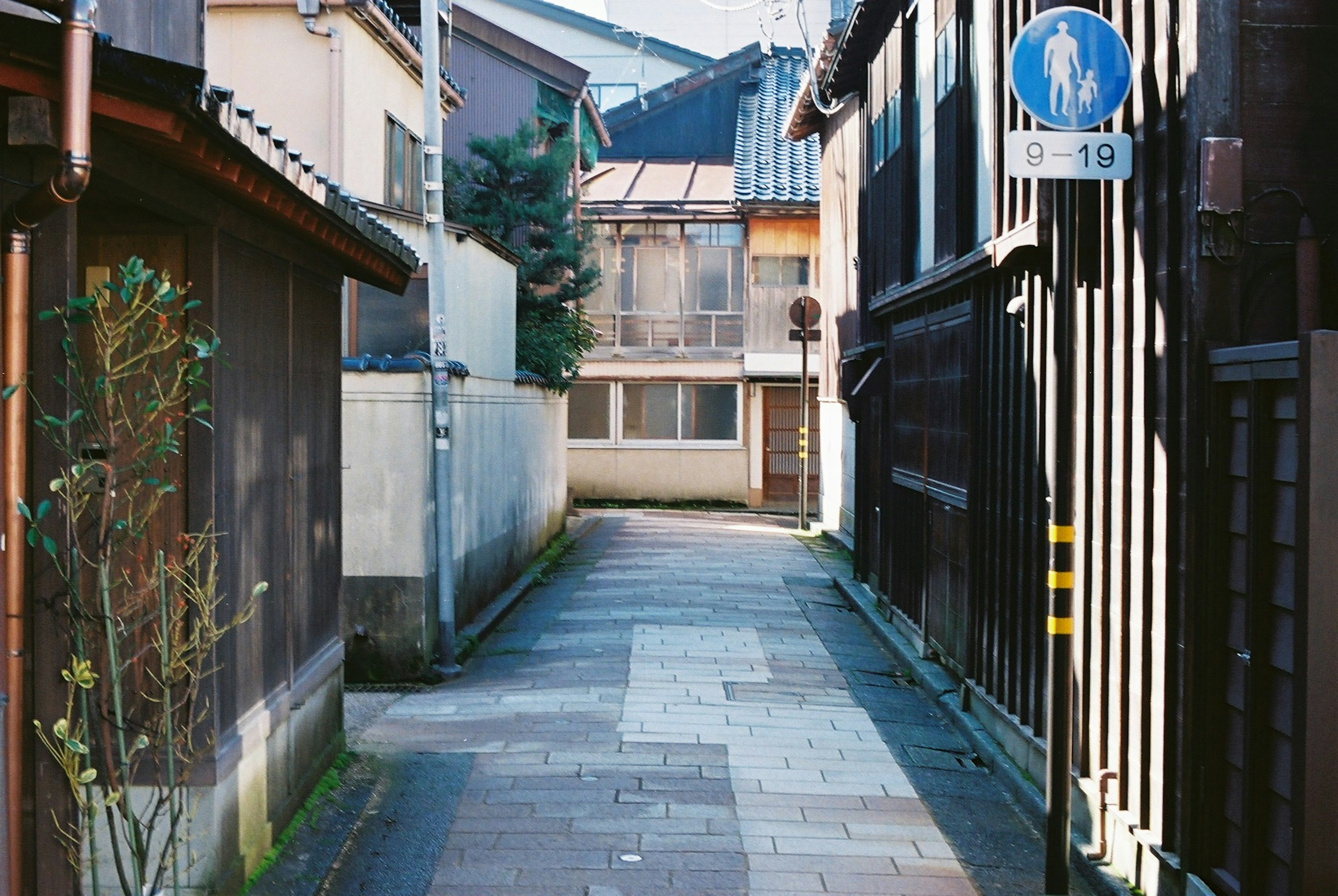 狭い路地に沿った伝統的な日本の建物と青い道路標識