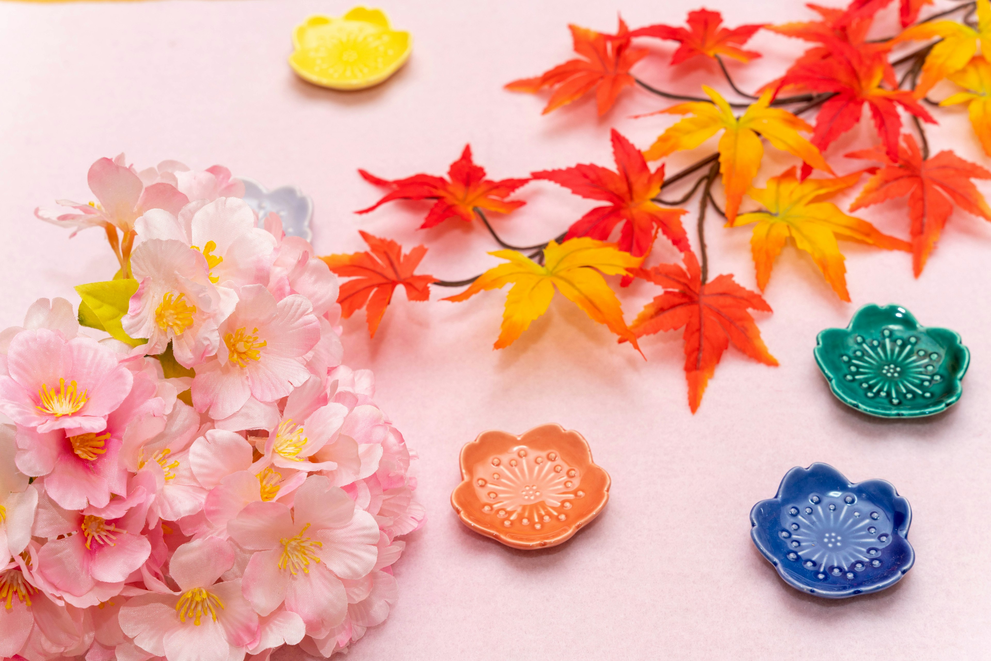 桜の花と紅葉の葉が散りばめられた背景に色とりどりの小皿が配置された美しいアレンジメント