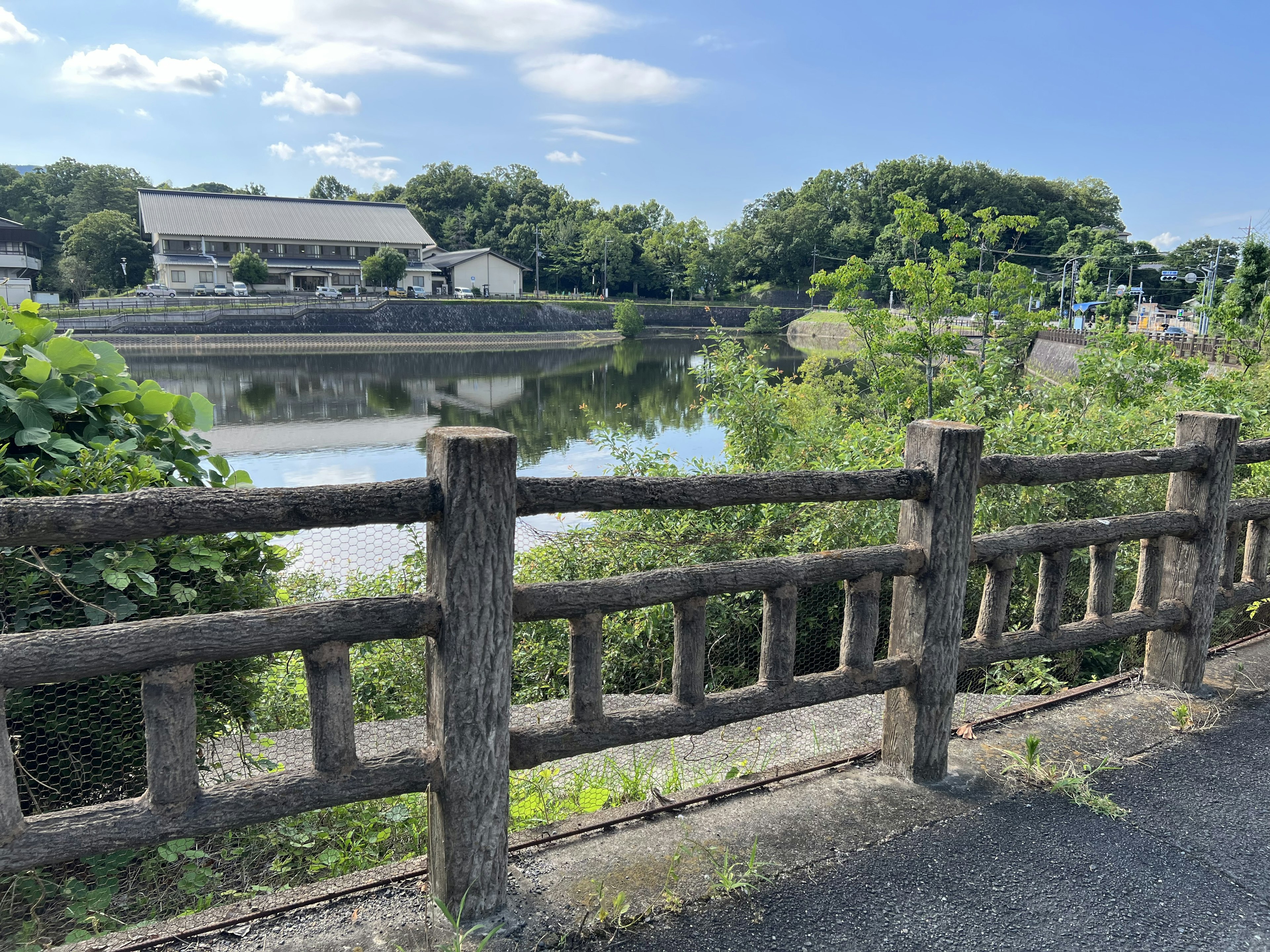 穏やかな川の風景と木製のフェンスのある風景