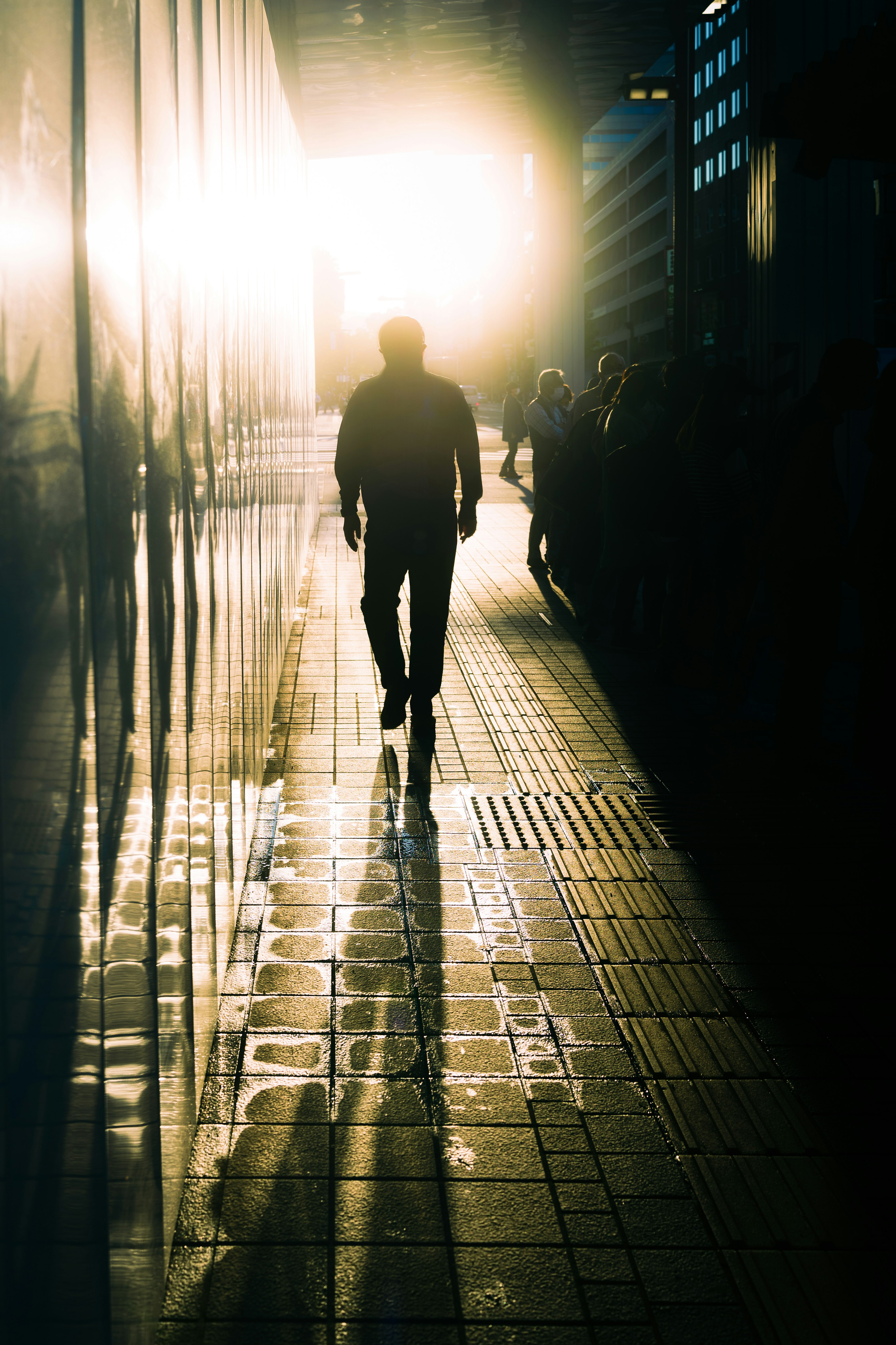 Silueta de una persona caminando hacia una luz brillante en un entorno urbano