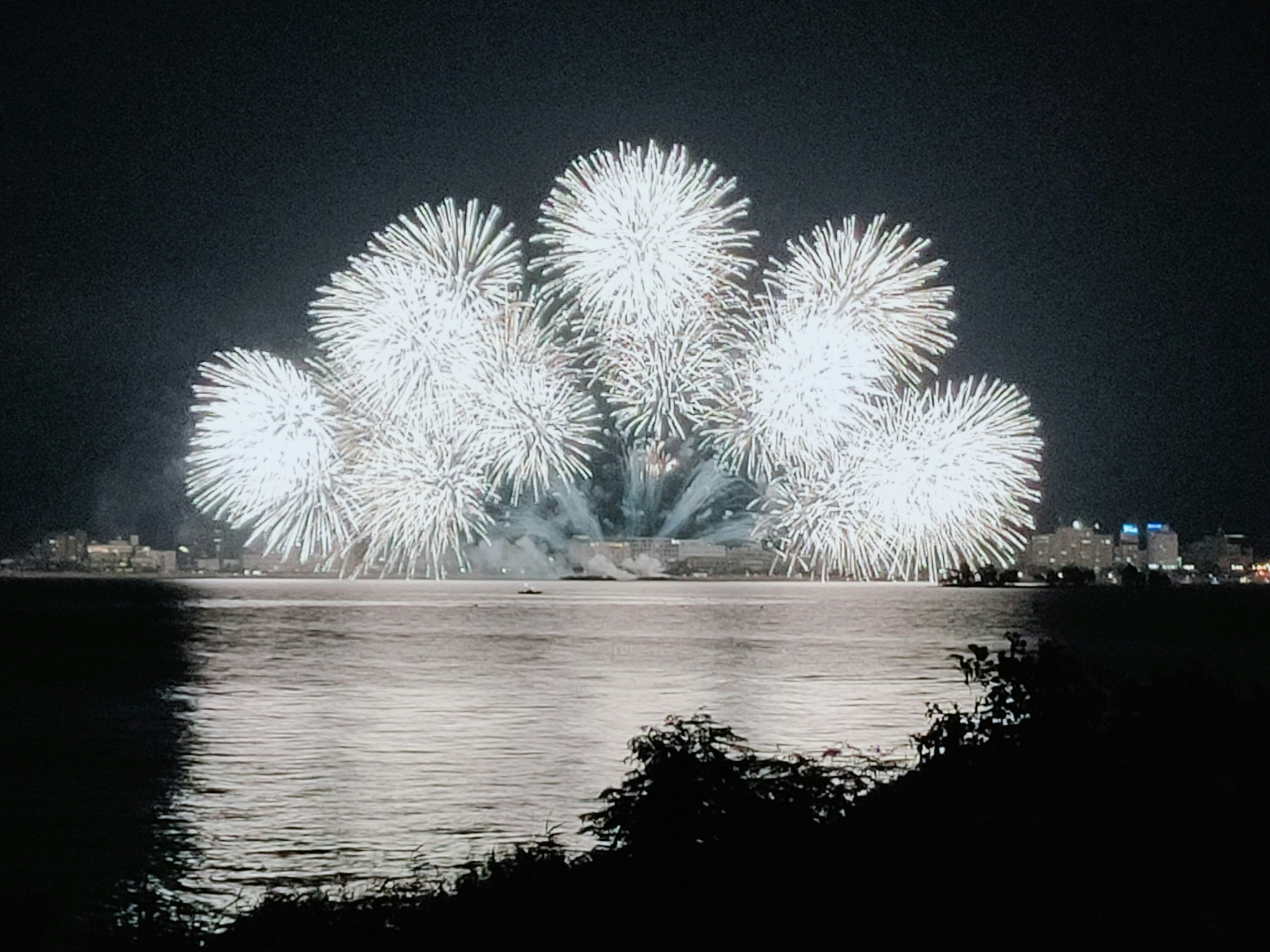 Weiße Feuerwerke, die am Nachthimmel platzen und sich im Wasser spiegeln