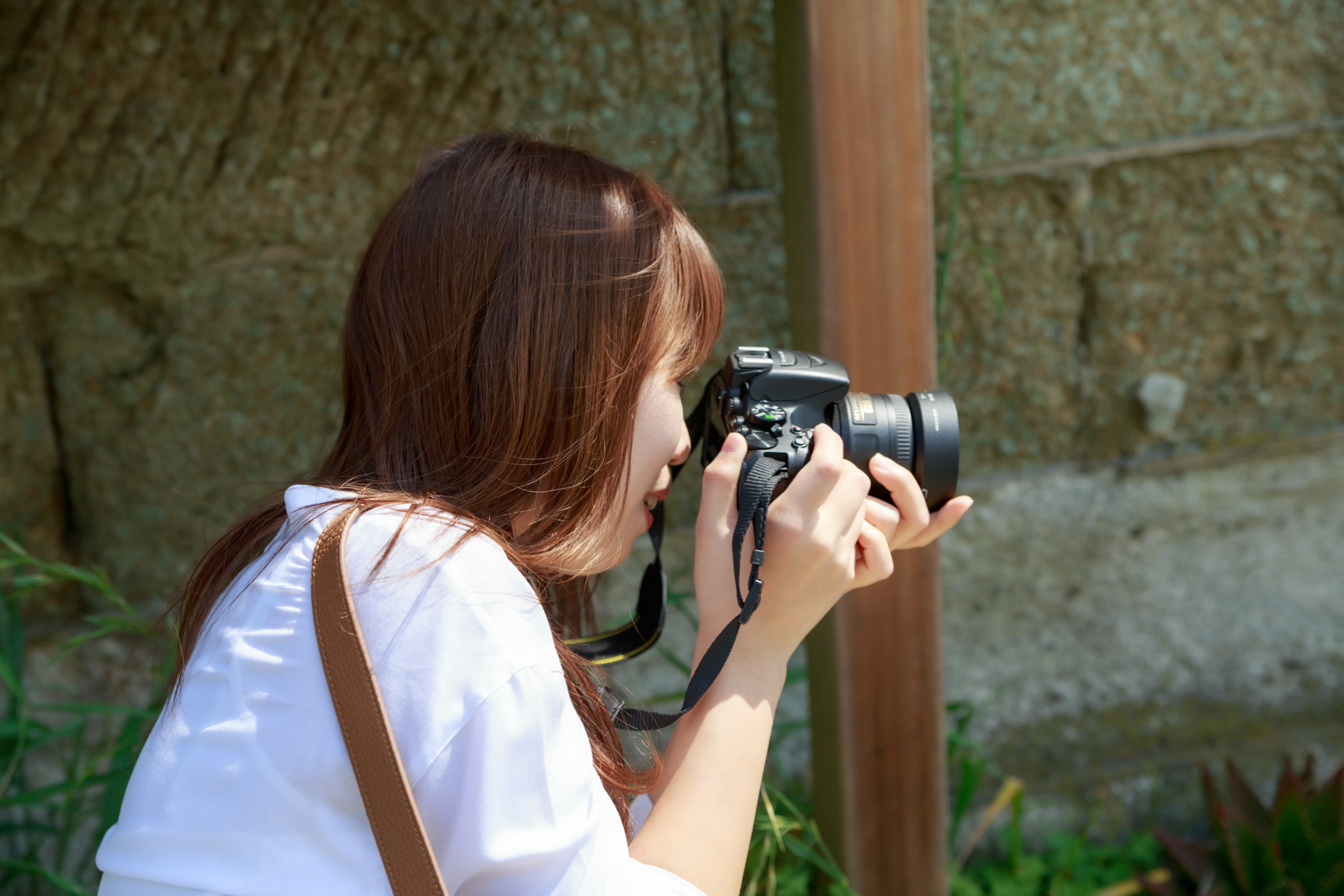 カメラを持って写真を撮る女性の横顔 緑の背景