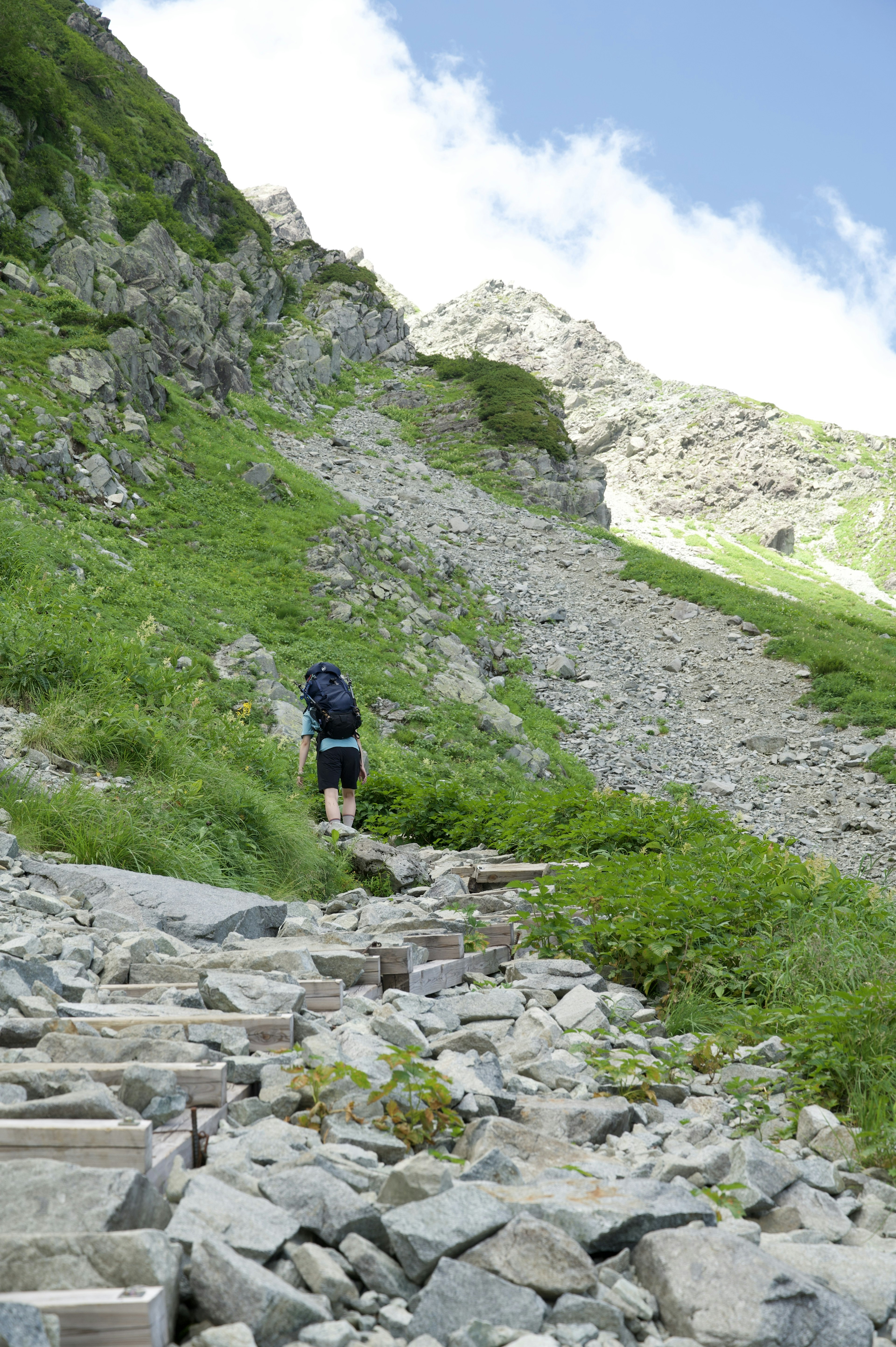 登山者在石頭和草叢中攀登山路的圖像