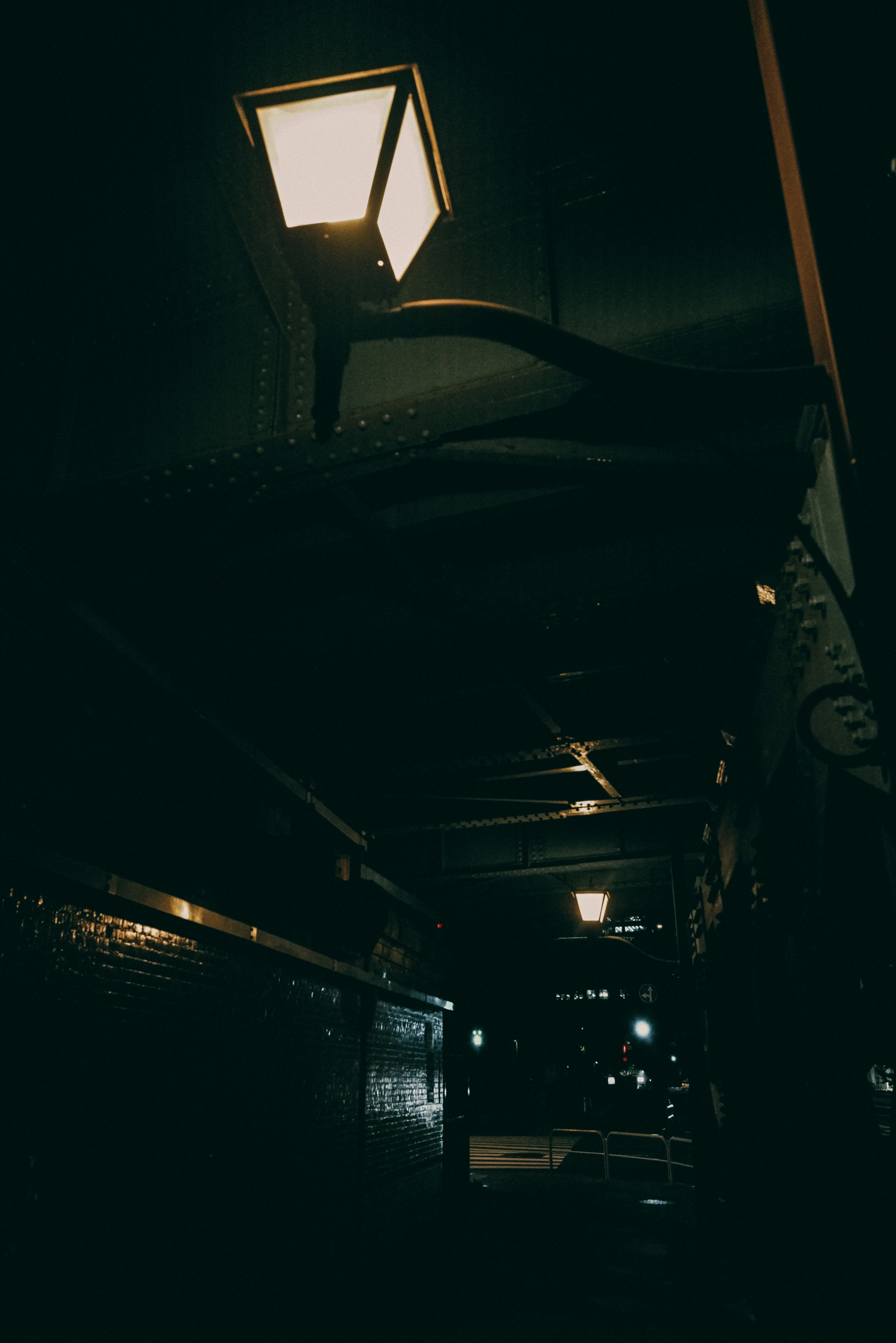 Dimly lit alley with street lamps and overhead structures