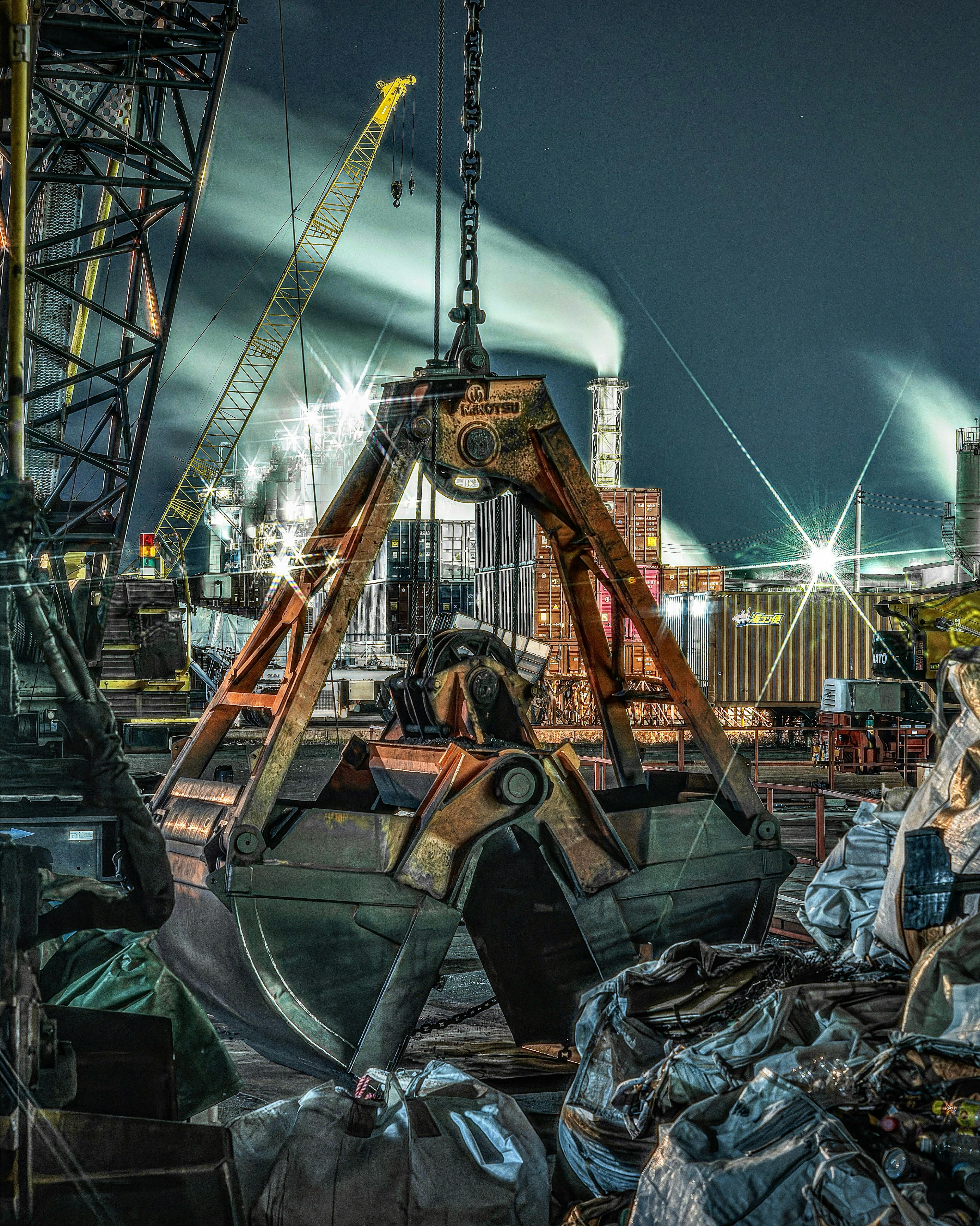 Night scene of a construction site with a crane lifting cargo