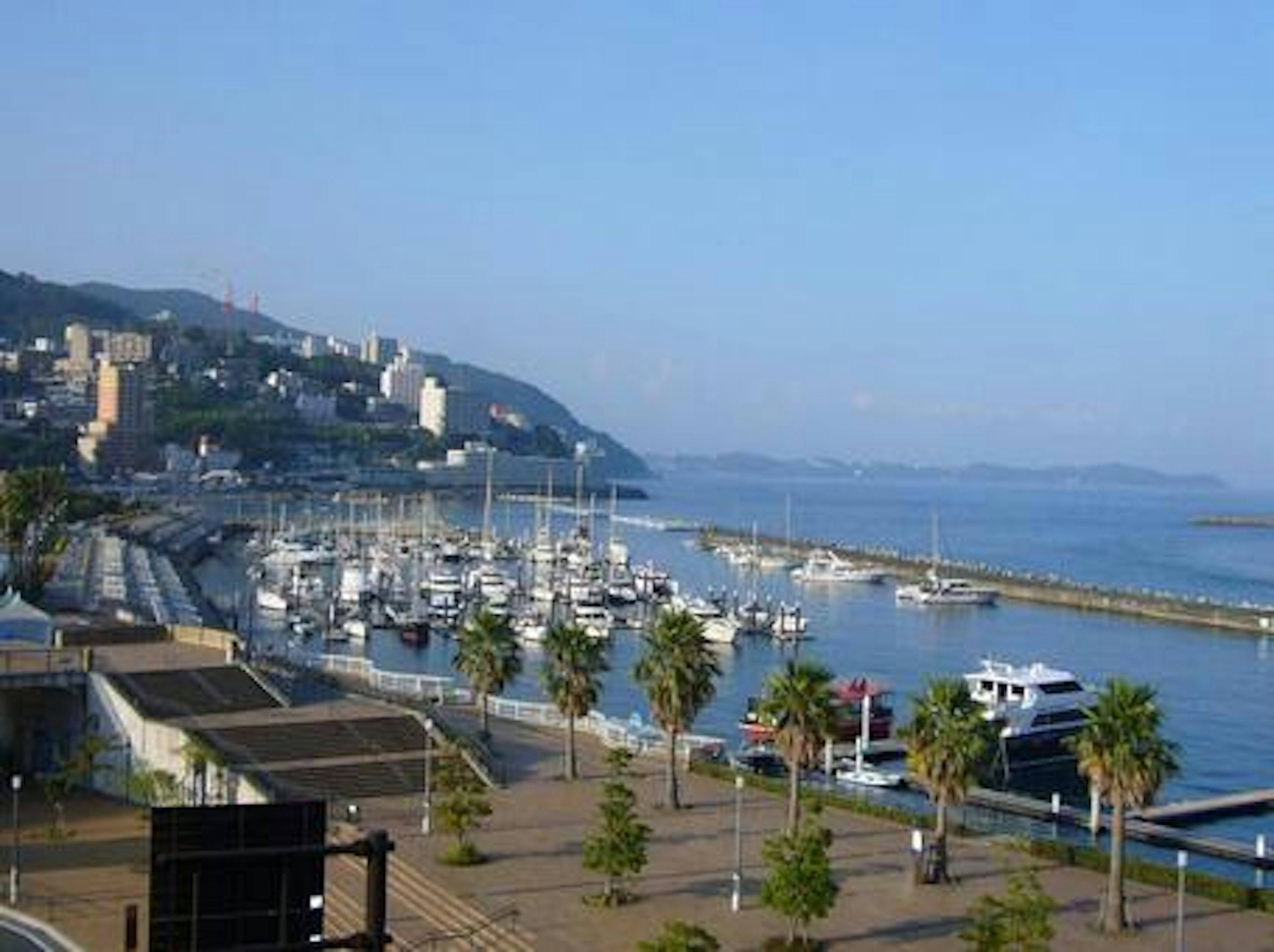 Vista escénica de yates atracados en un puerto con palmeras a lo largo de la costa