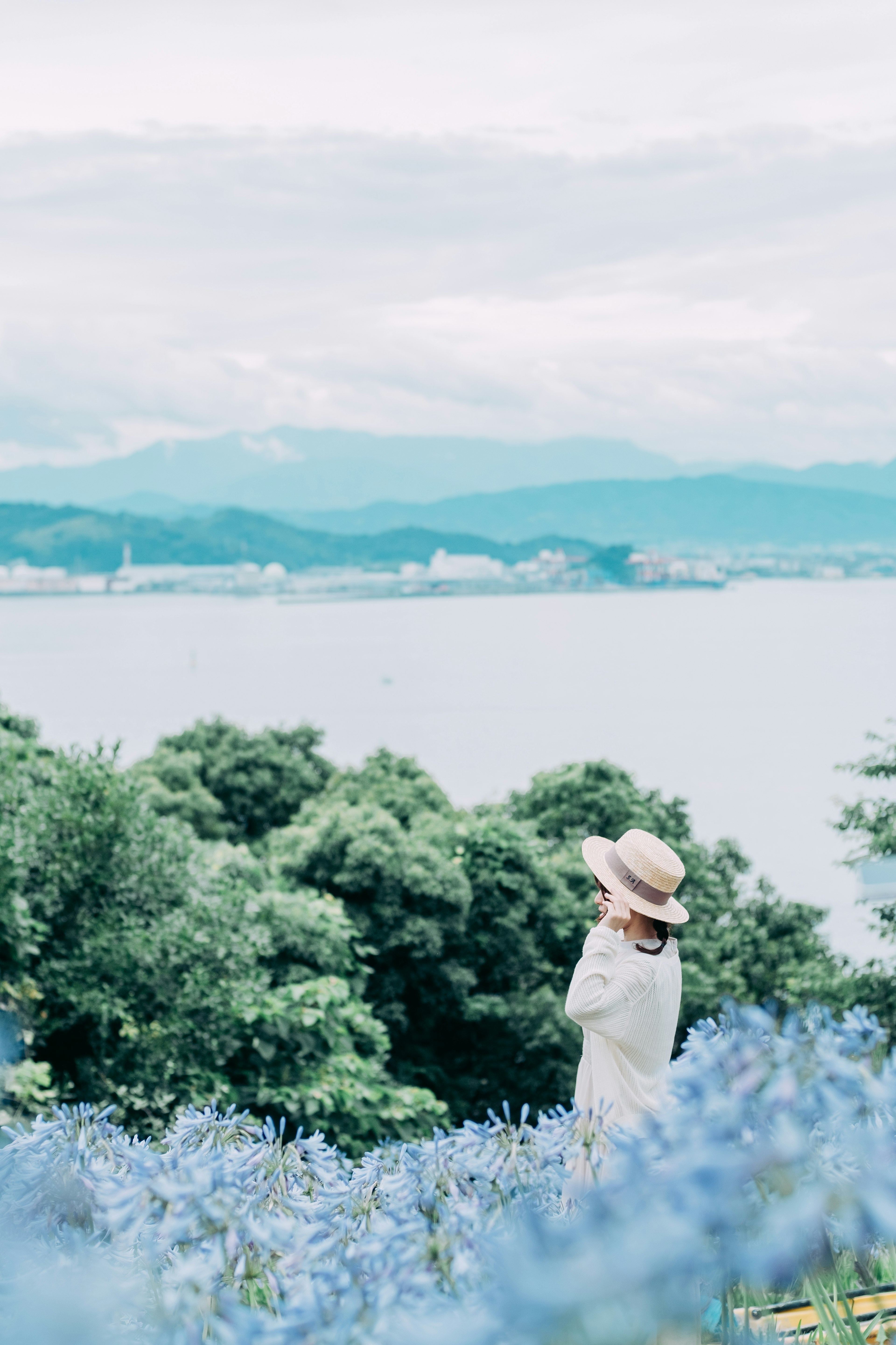 青い花畑と女性が海を背景に立っている風景