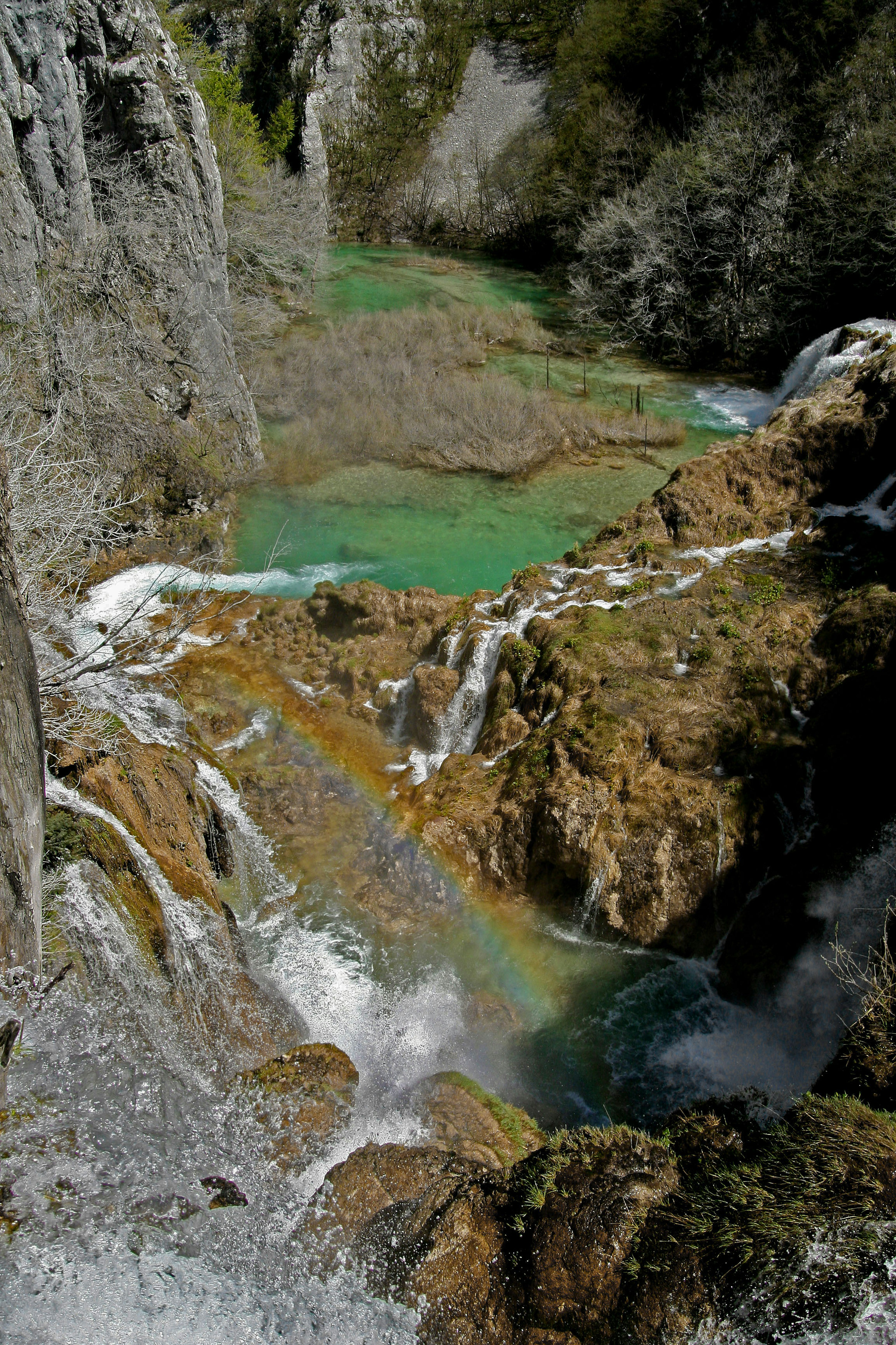 Schöner Wasserfall mit fließendem grünem Wasser