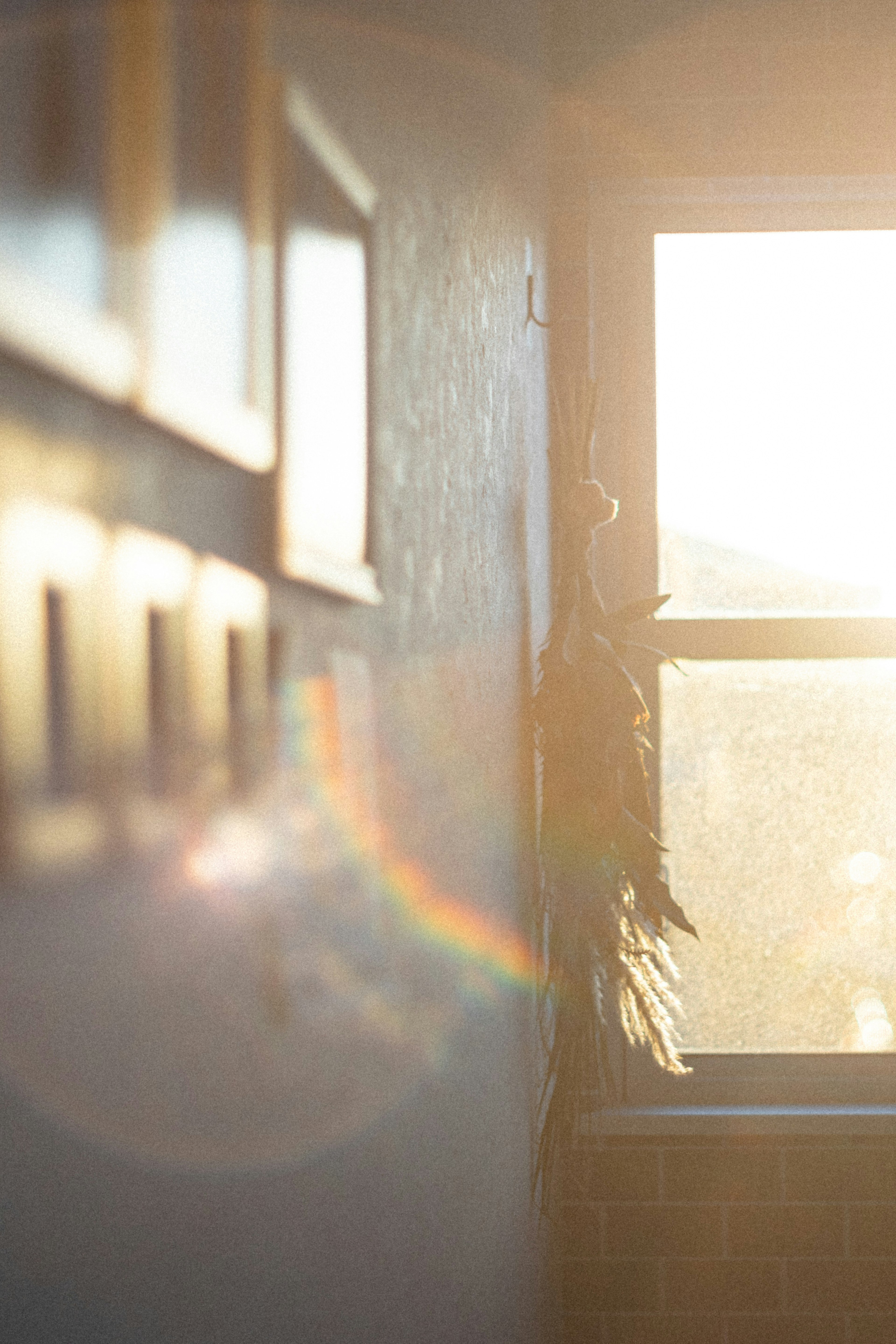 Una habitación con luz solar entrando por una ventana y reflejos de arcoíris