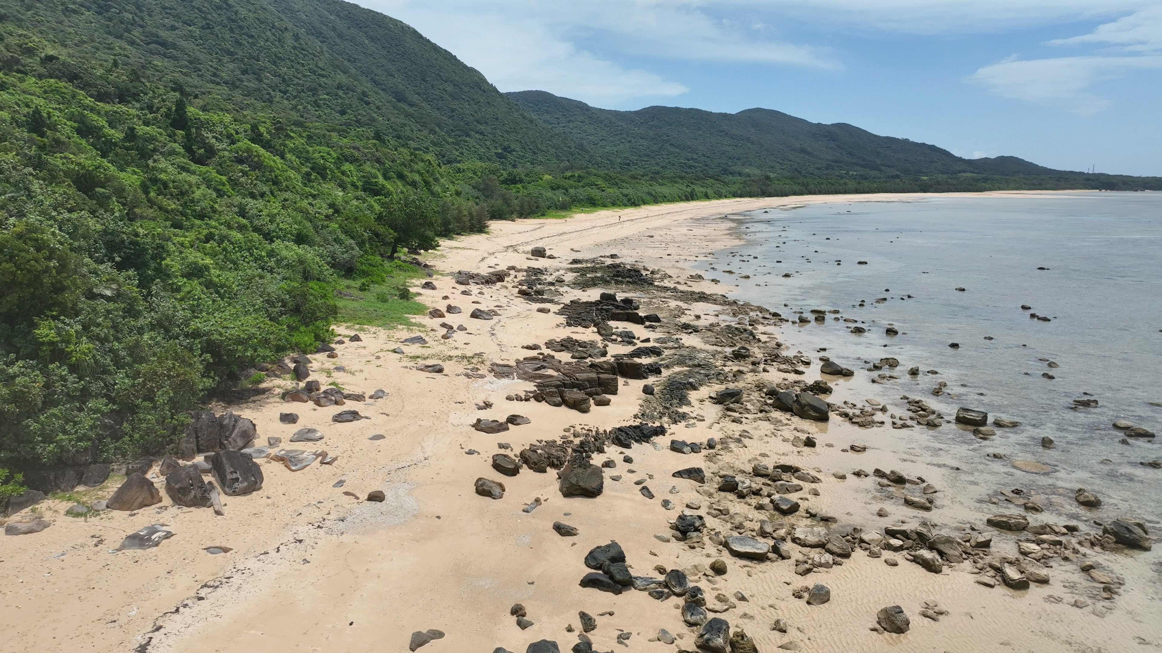 Pemandangan pantai dengan bukit hijau dan garis pantai berbatu