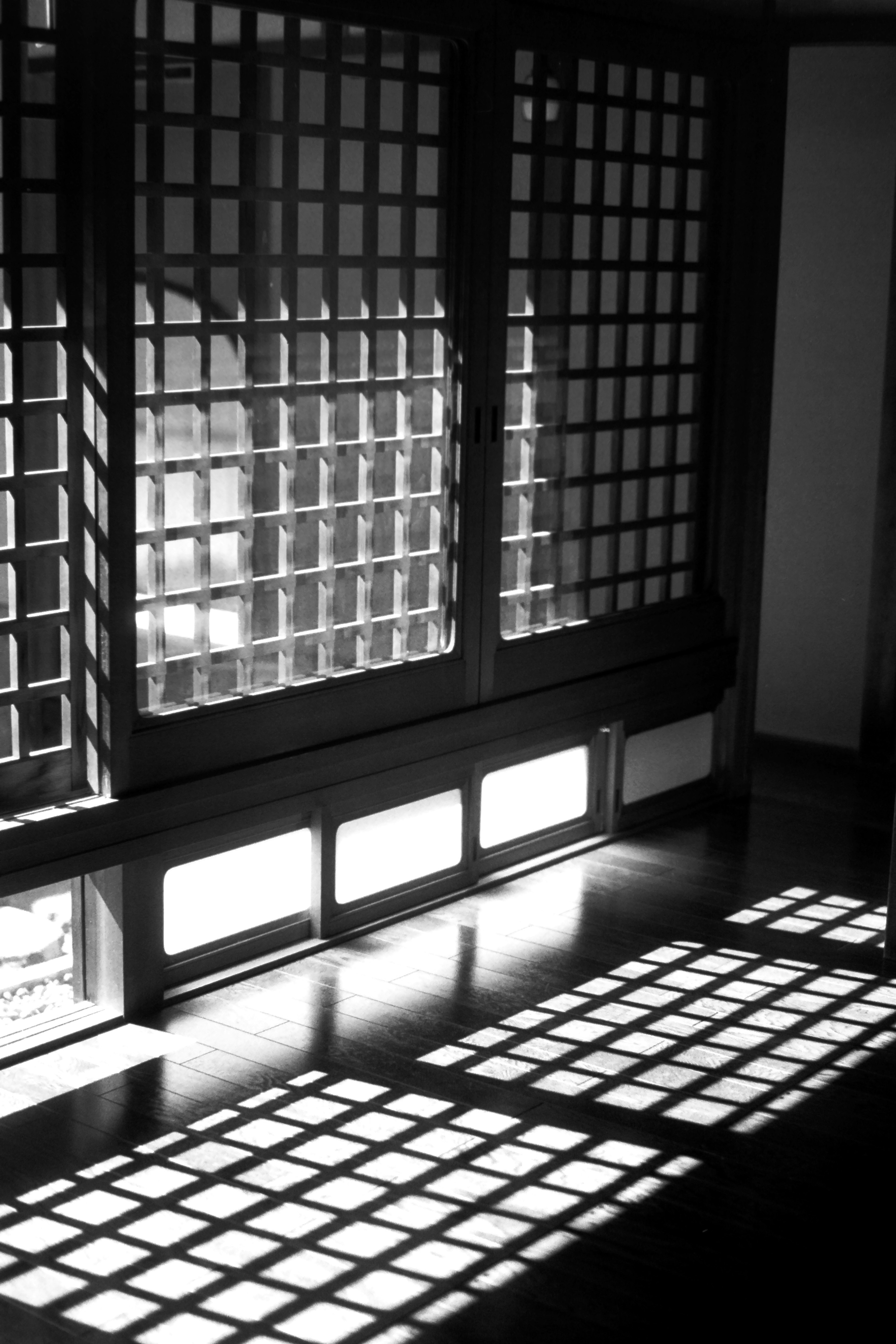 Vista interior de una habitación con luces y sombras cruzadas en blanco y negro