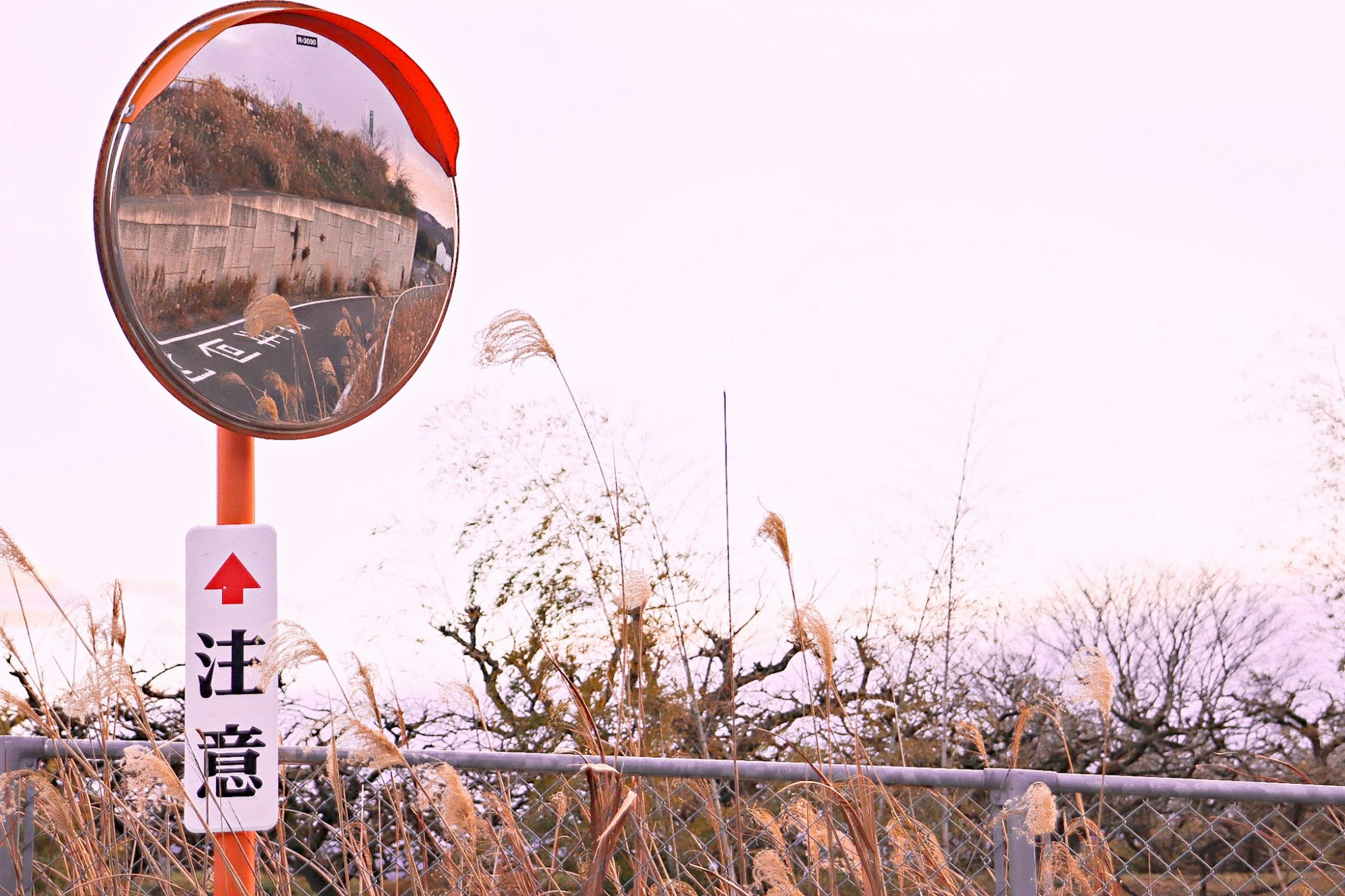 A reflective road mirror with a caution sign in a rural landscape