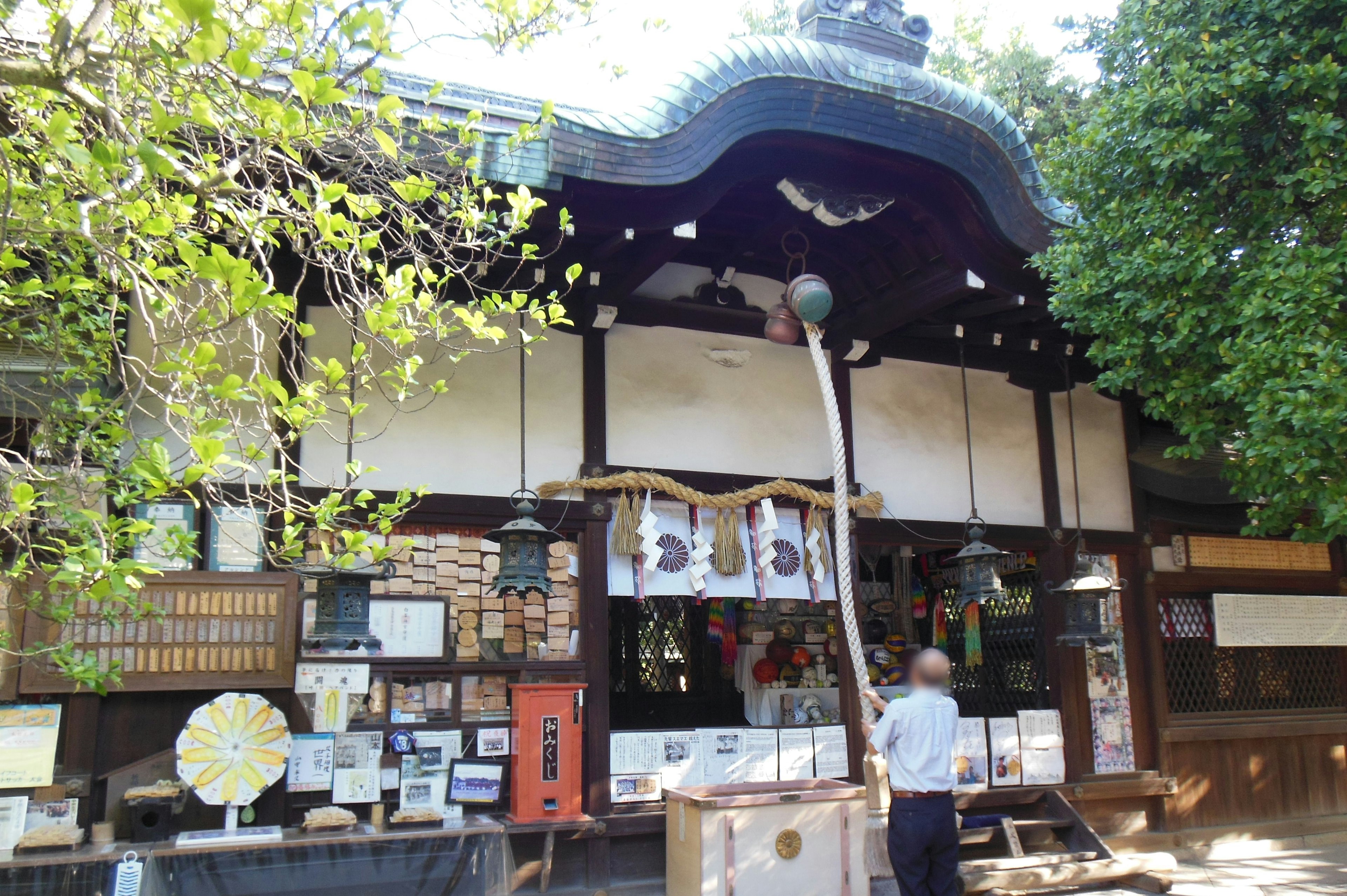 Außenansicht eines traditionellen japanischen Schreins mit Holzwänden und Dach umgeben von Grün