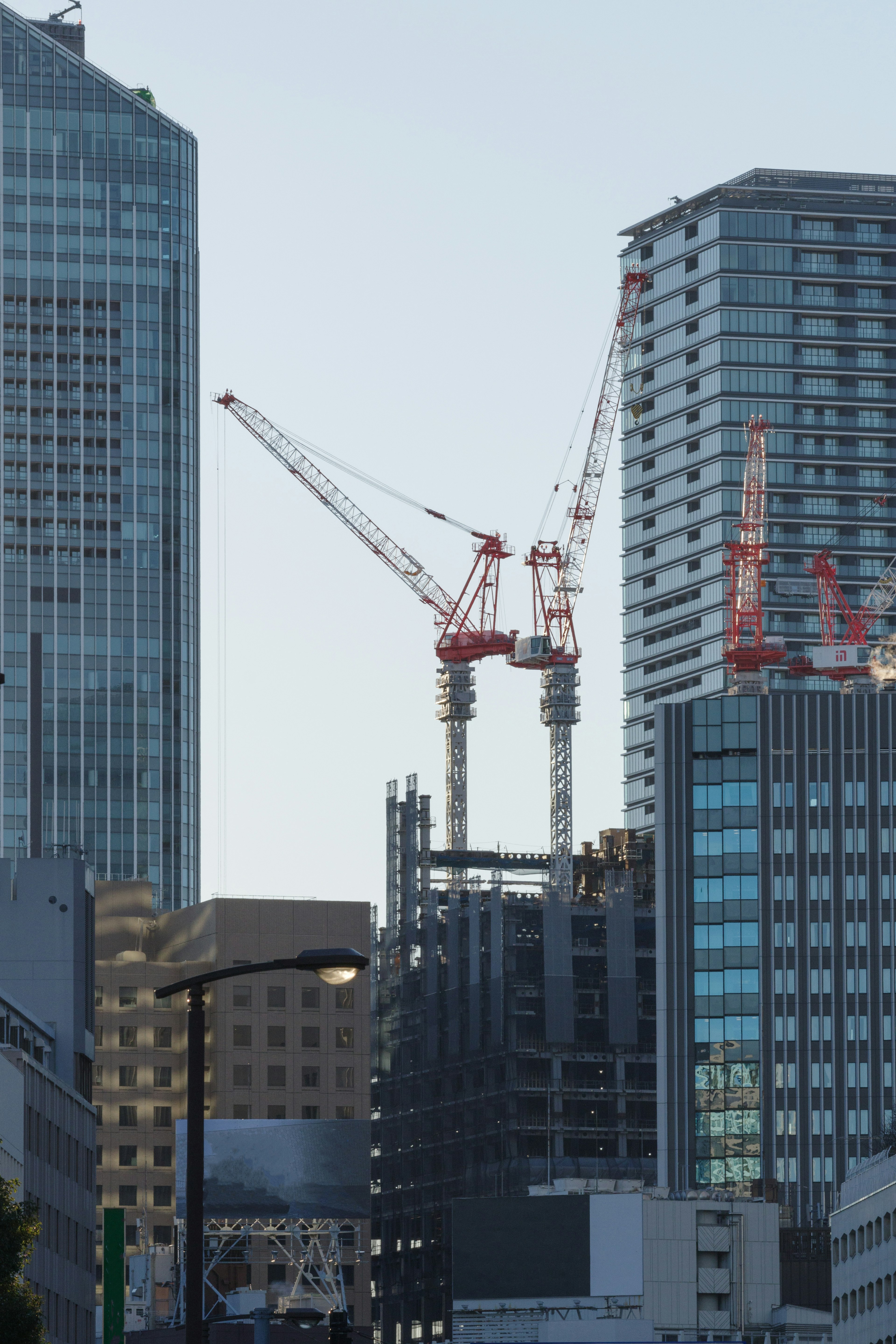 Construction cranes among high-rise buildings