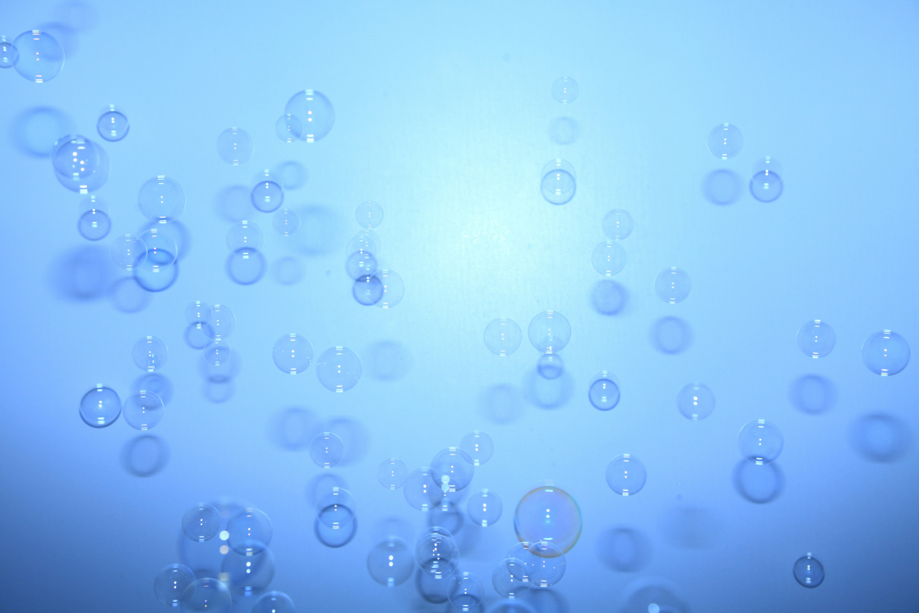 Close-up of transparent bubbles floating against a blue background