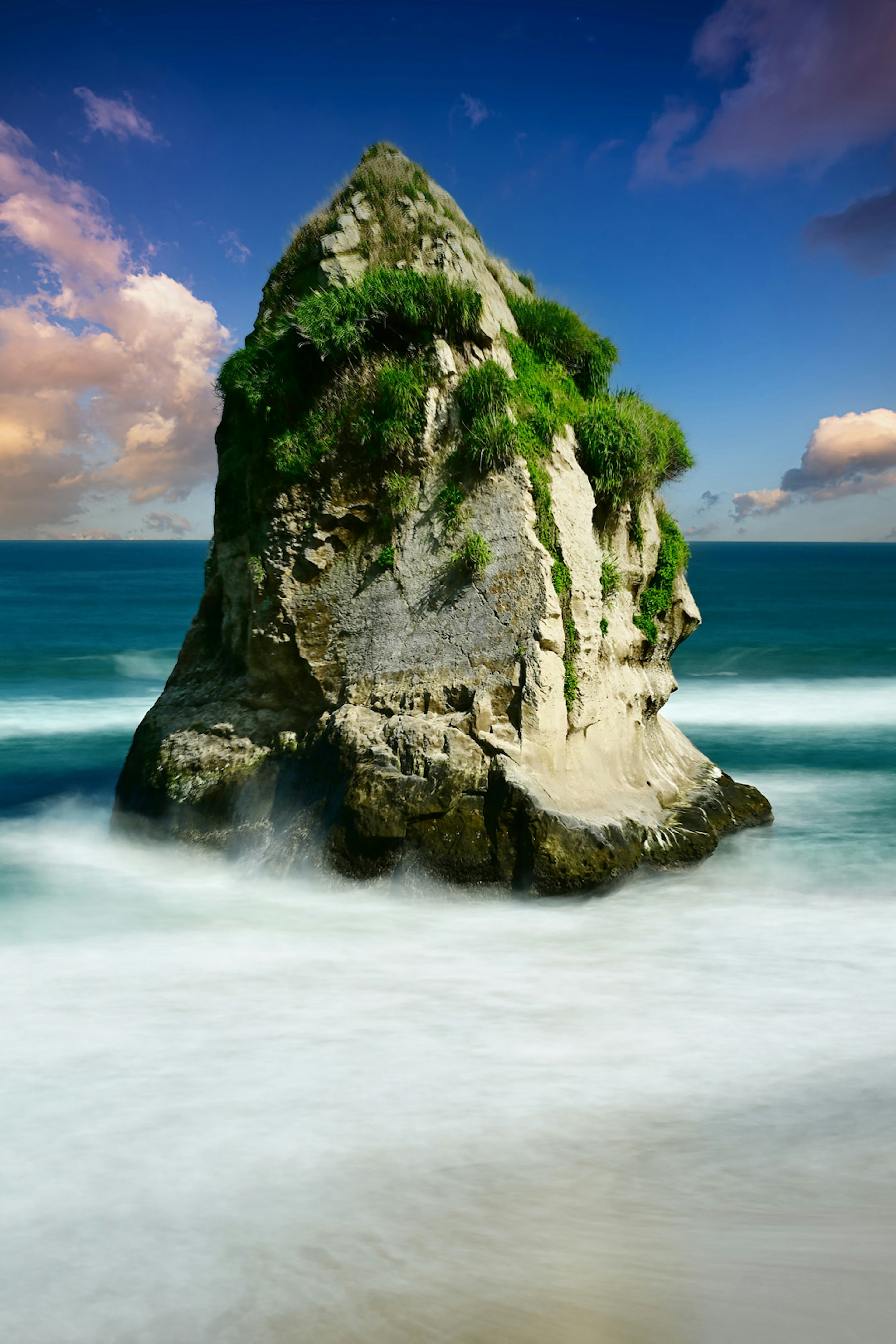 Una isla rocosa con vegetación rodeada de olas oceánicas y un cielo azul