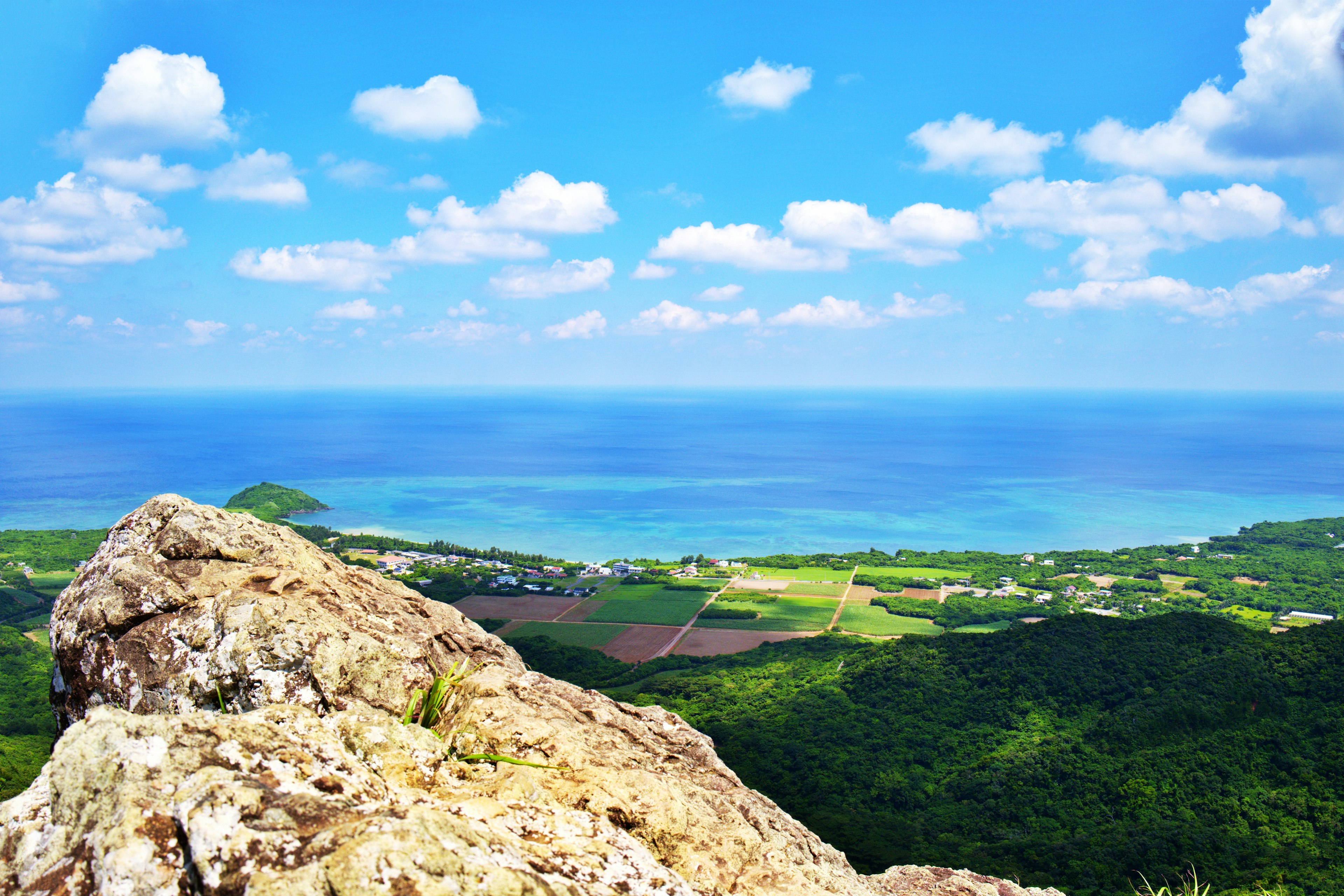 青い海と緑の丘の風景が広がる山の頂上からの眺め