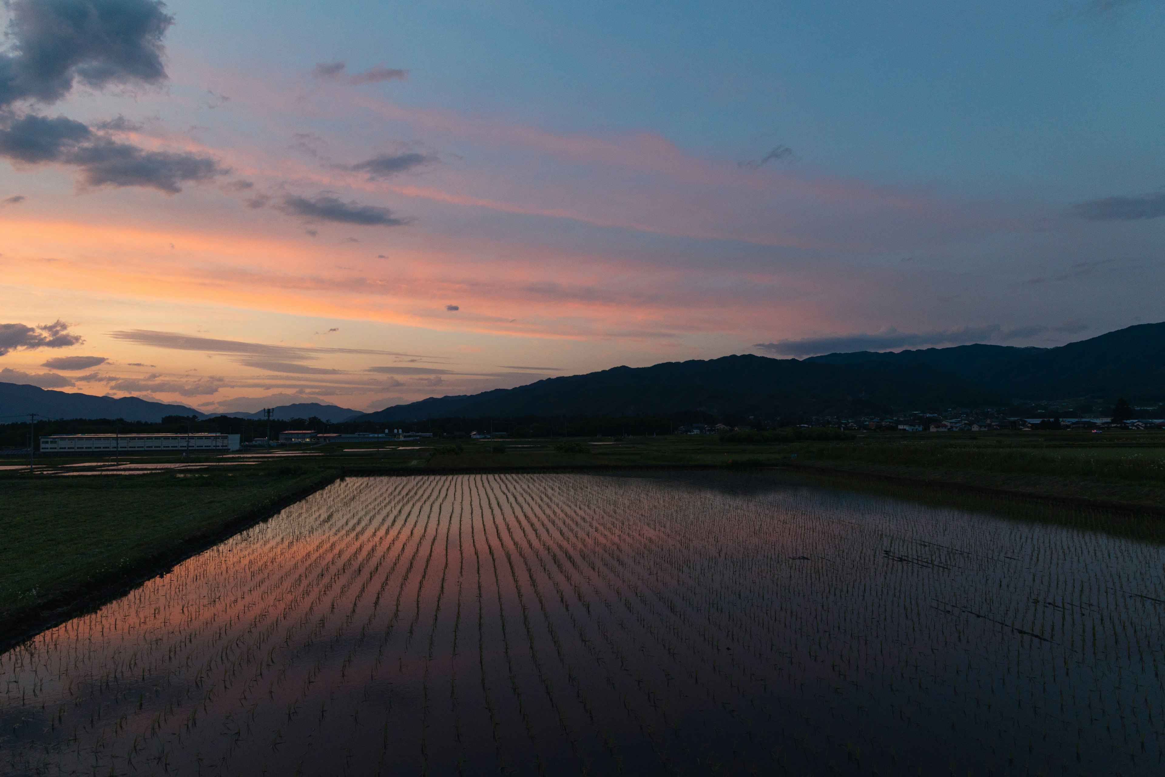 美しい夕焼けの田んぼと山々の景色