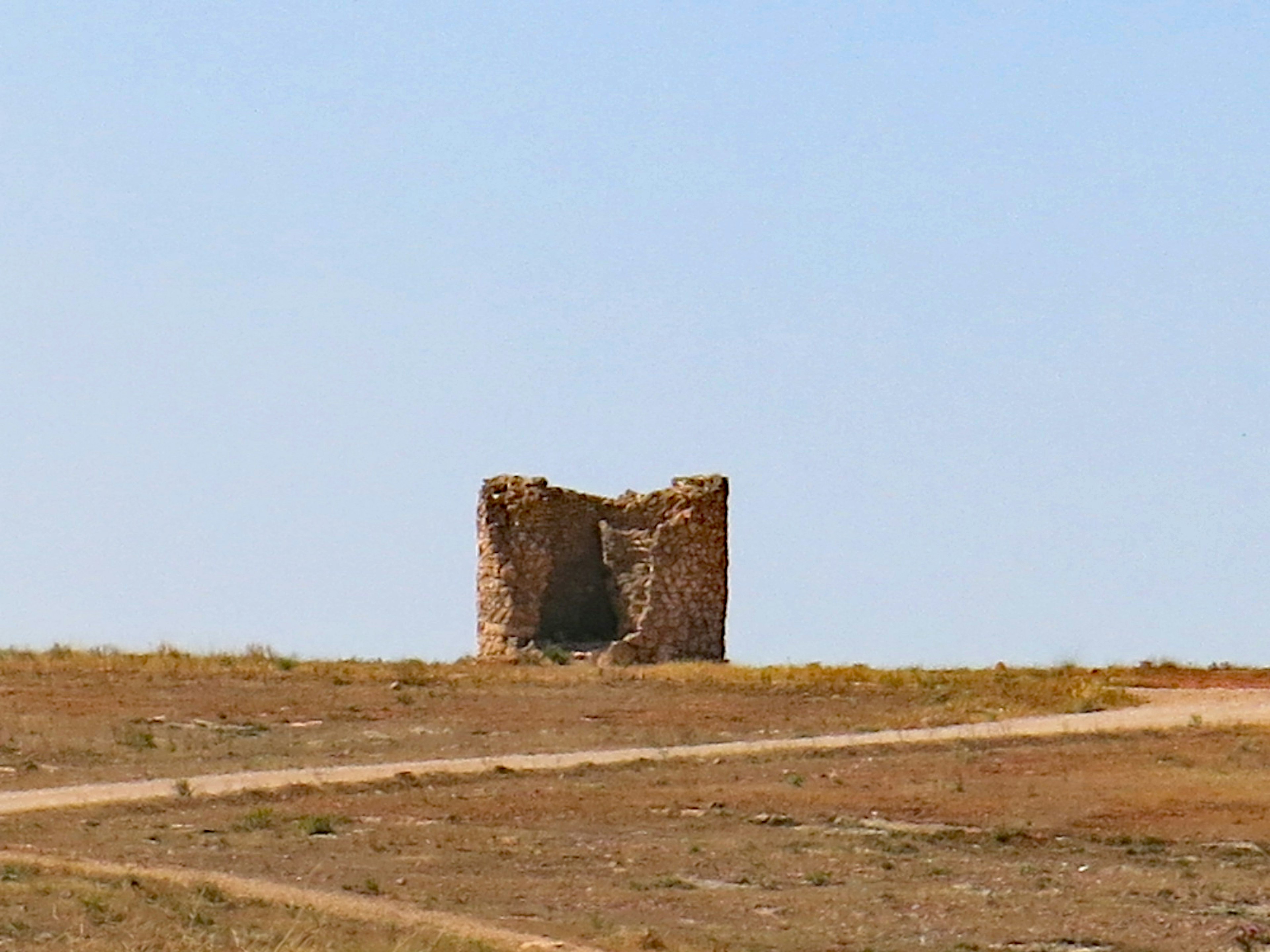 Ruines d'une vieille tour en pierre se tenant dans une vaste prairie