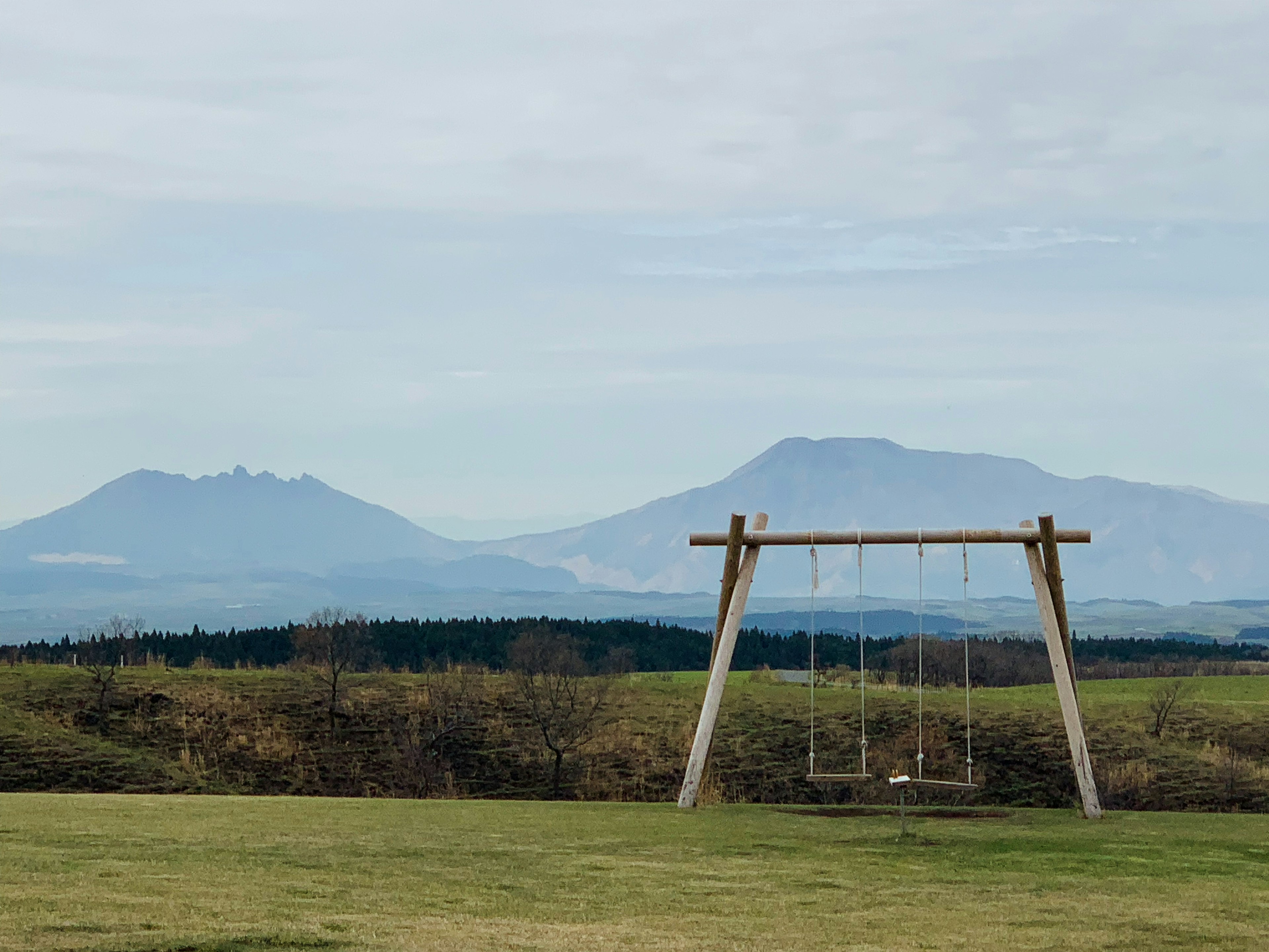 Columpio en un amplio campo de hierba con montañas al fondo