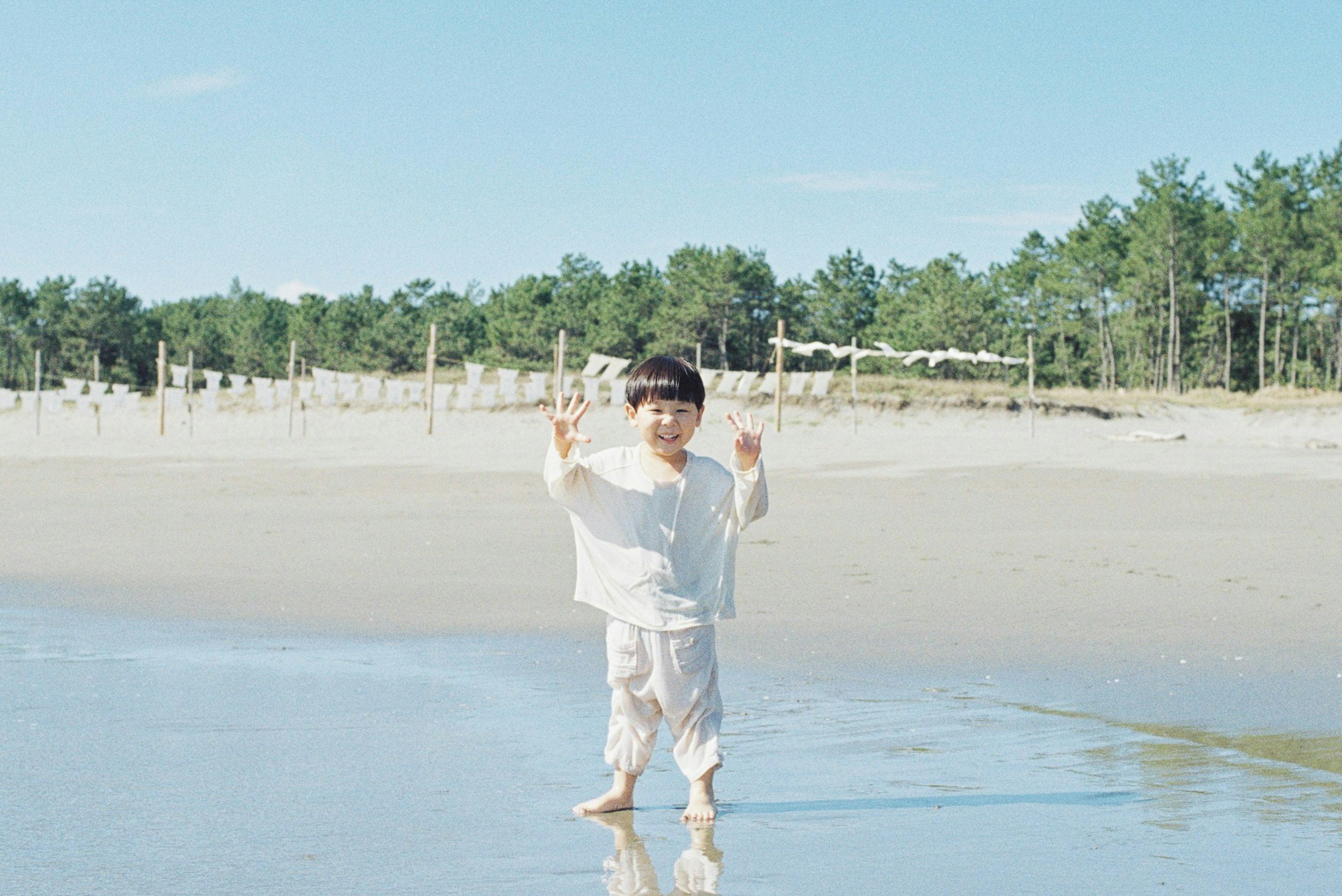 A child waving at the beach with clear sky and trees in the background