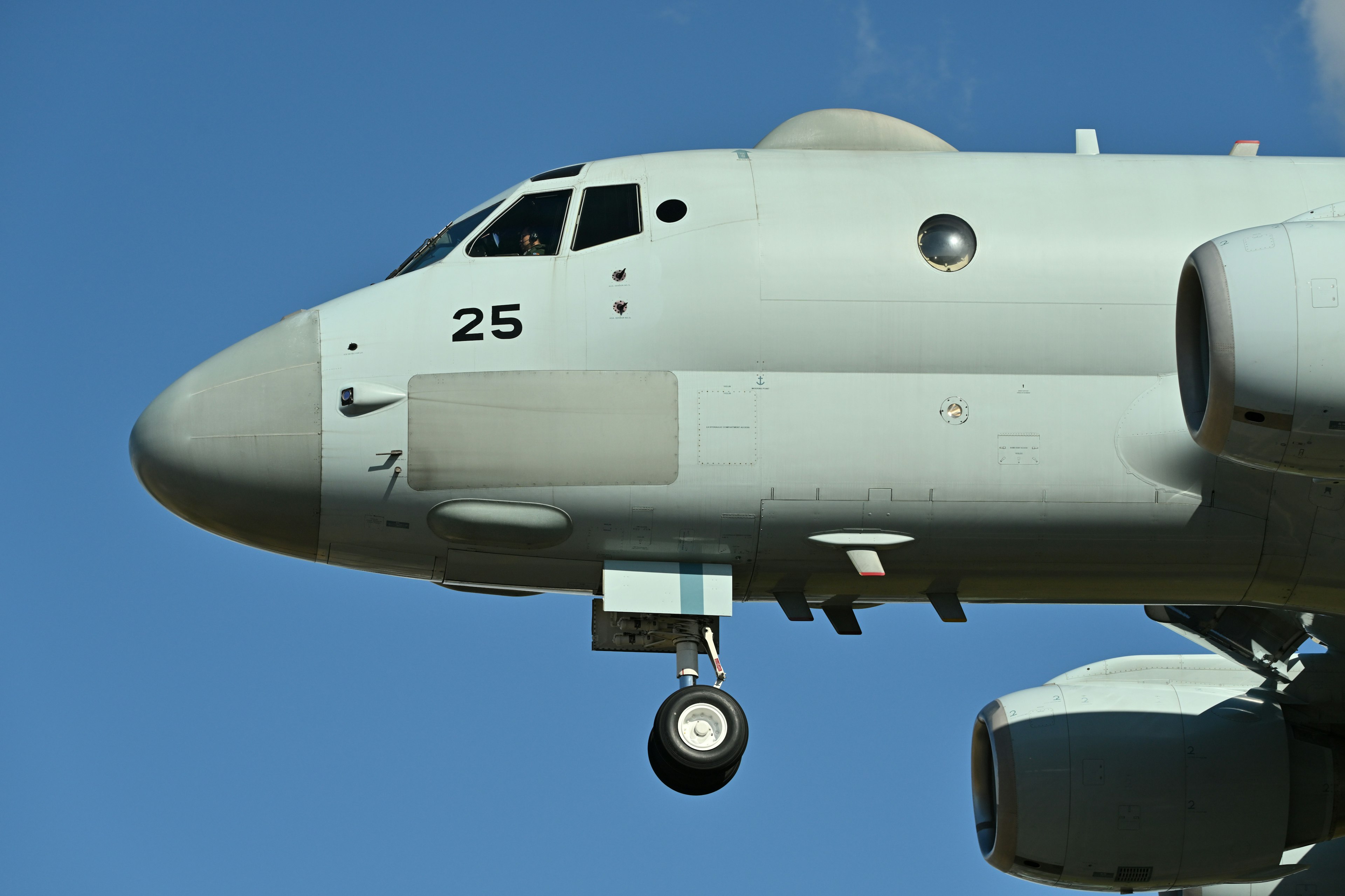 Nahaufnahme der Nase eines Flugzeugs und des Fahrwerks vor blauem Himmel